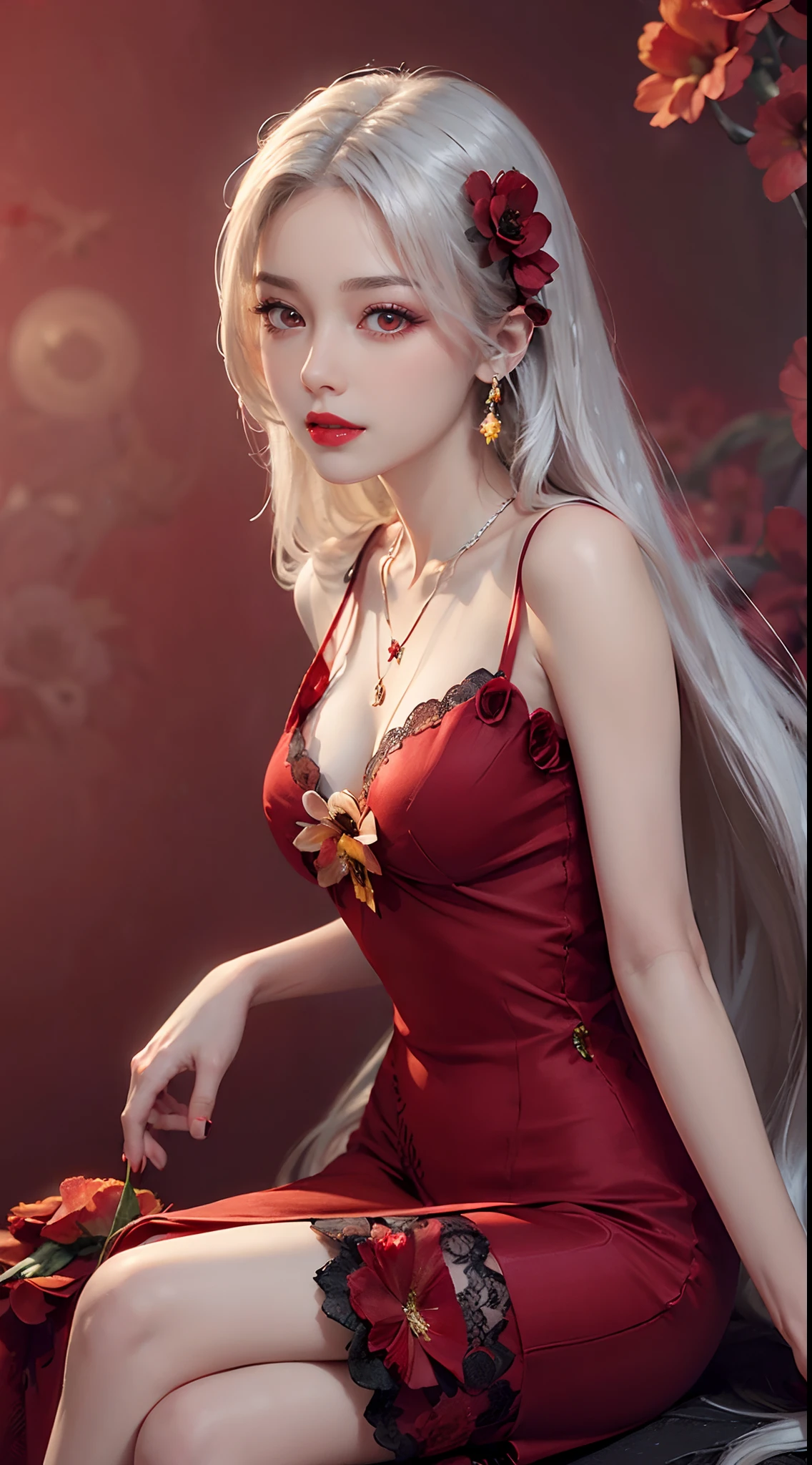 1 beautiful and sexy 20 year old girl, ((wearing a super thin red dress:1.8)), dress with diamonds, ((long platinum hair:1.6)), bangs, elaborate jewelry made from gemstones and beautiful hair, ( ( wearing a black lace necklace:1.4))), noble, noble style of an extremely beautiful girl, super cute little face, very pretty face , sparse eyebrows, beautiful, flawless face, ((black eye pupils: 0.8))), very pleasing to the eyes, ((light red eyes: 1.5)), beautiful makeup and hair, fur detailed eyelashes, wet eye makeup, high nose, earrings, red lips, ((closed mouth: 1;5 )) beautiful lips, slim hands, most beautiful thighs, ((arms spread to the sides: 1.5) ), rosy face, clean face, flawless beautiful face, smooth white skin, (big breasts: 1.5)), ((high breasts: 1.6) ), firm breasts, beautiful cleavage, (((big and super round : 1.8 ))), ((super tight breasts: 1.7)), beautiful breasts, ((chest puffed out: 0.8)), ((arms on the sides: 1.8)), ((sitting on the ground and spreading thighs: 1.5 )), unashamed, black sheer fishnet stockings with black lace, ((sitting down facing the viewer:1.6)), 8k photo, super high quality, super realistic, super 10x pixels, optical research, studio light, edge light, two-tone light, (high detail skin:1.2), super 8k, soft light, high quality, volumetric light, optical geometry, resolution optical high resolution, lighting, best photo, 4k, 8k quality, blur effect, smooth focus, 10 x pixels, ((red flower background:1.7)), aurora, lightning, surreal graphics, most realistic mapping, alone, solo, extremely sharp, surreal image, upper body of girl, (((frontal portrait:1.4)))."