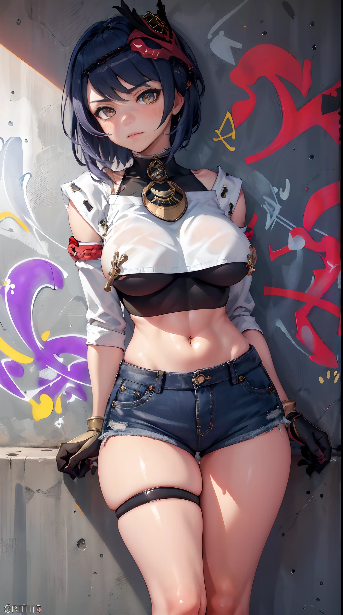 Kujou Sara Genshin Effect, masterpiece, bestquality, 1girls, oversized breasts, bara, crop top, shorts jeans, choker, (Graffiti:1.5), Splash with purple lightning pattern., arm behind back, against wall, View viewers from the front., Thigh strap, Head tilt, bored, water eyes,