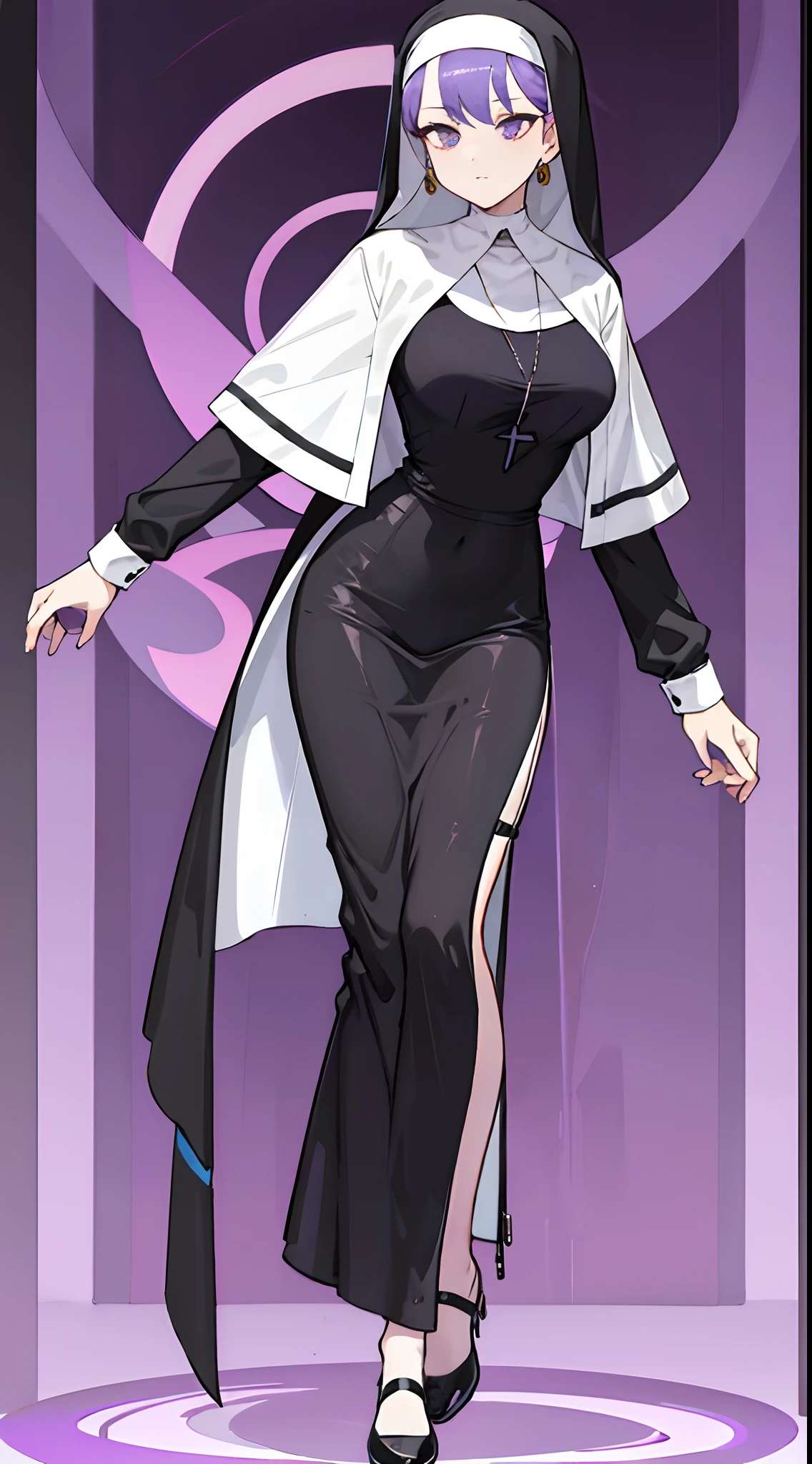 a mature female,lewd nun,Purple earrings,Bobo hair style,stand posture,Full body like