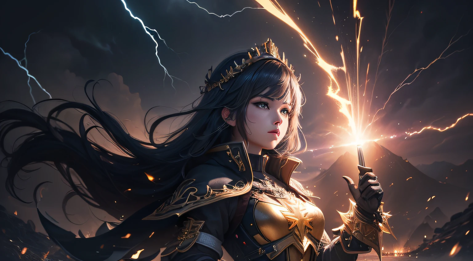 (ultra-detailed, highres, 8k, best quality:1.2), solo leveling, lightning background, detailed, luminous, fantasy, music, BM letters, black and gold, beatwave monarchy