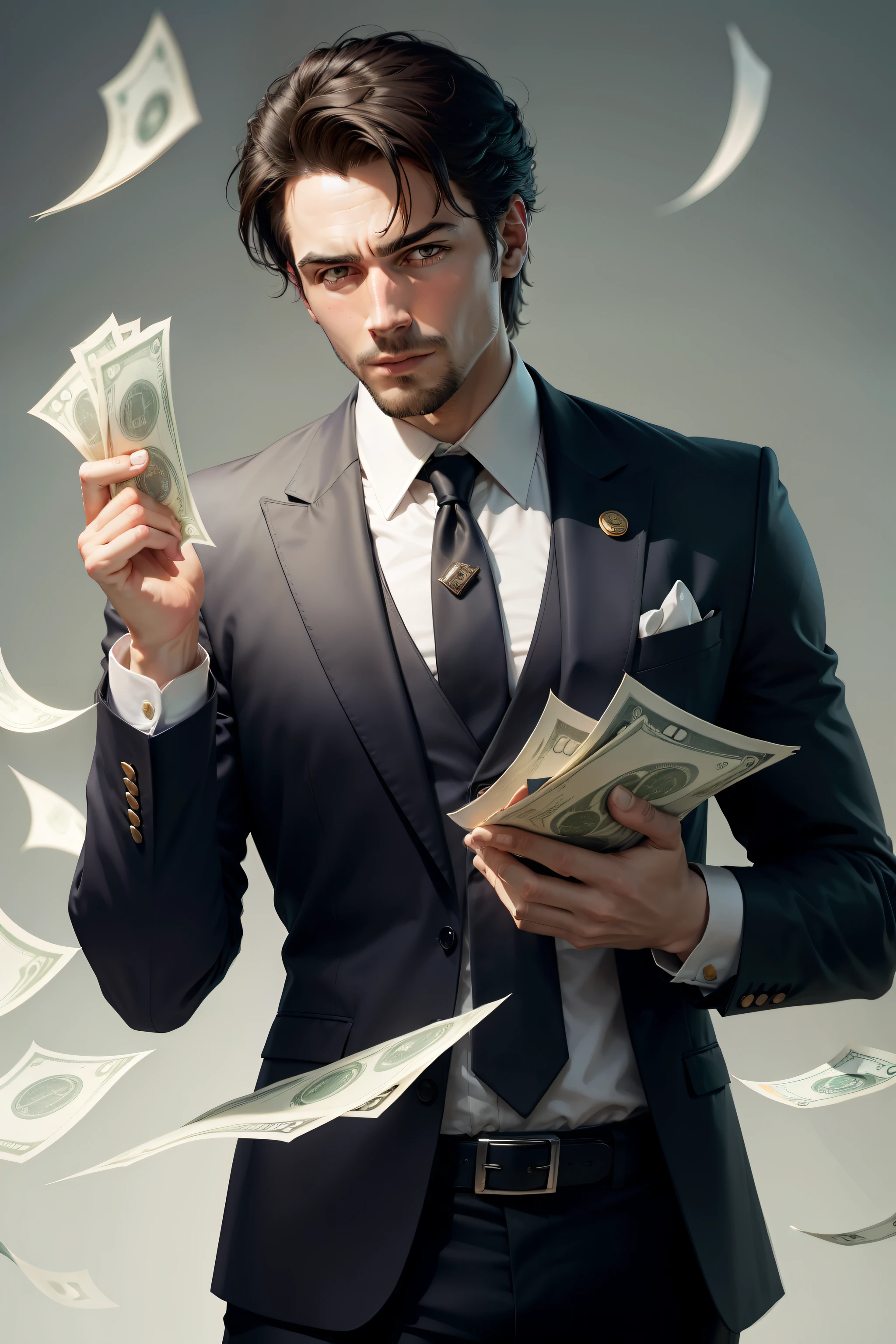 there is a man sitting at a table with money and a cigar, epic and classy portrait, ross tran 8 k, artstation mans aesthetic, realistic fantasy render, guillem h. pongiluppi, anton fadeev 8 k, high quality portrait, brandon woelfel, photorealistic artstyle, drdisrespect posing as napoleon, cyberpunk style ， hyperrealistic