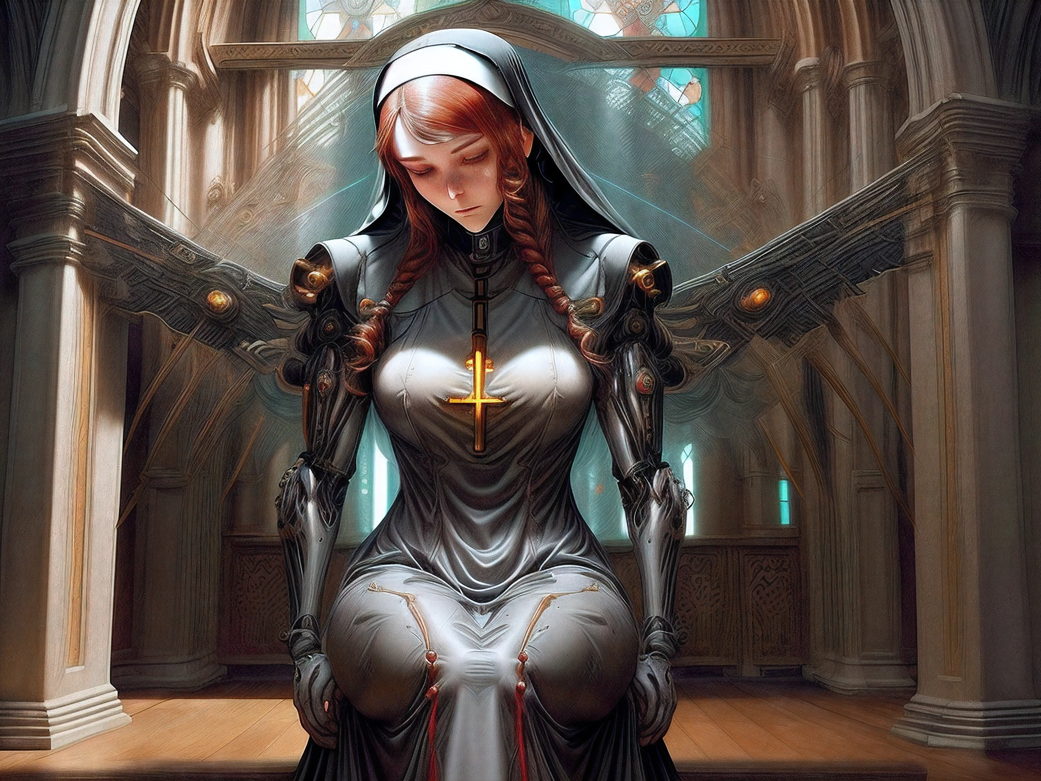 a picture of a ( (1)mecha woman nun: 1.3) praying in church, full body, an exquisite beautiful (ultra detailed, Masterpiece, best quality) (1)mecha woman nun, dynamic angle (best detailed, Masterpiece, best quality), best detailed face, ultra feminine, red hair, long hair, braided hair, dynamic eyes color,, (wearing mecha nun habit: 1.4), wearing a mechanical cross, praying in a goth church, candles light, dim sun rays through church windows, divine rays high details, fantasy art, RPG art best quality, 16k, [ultra detailed], masterpiece, best quality, (ultra detailed), full body, ultra wide shot, photorealistic, reelmech