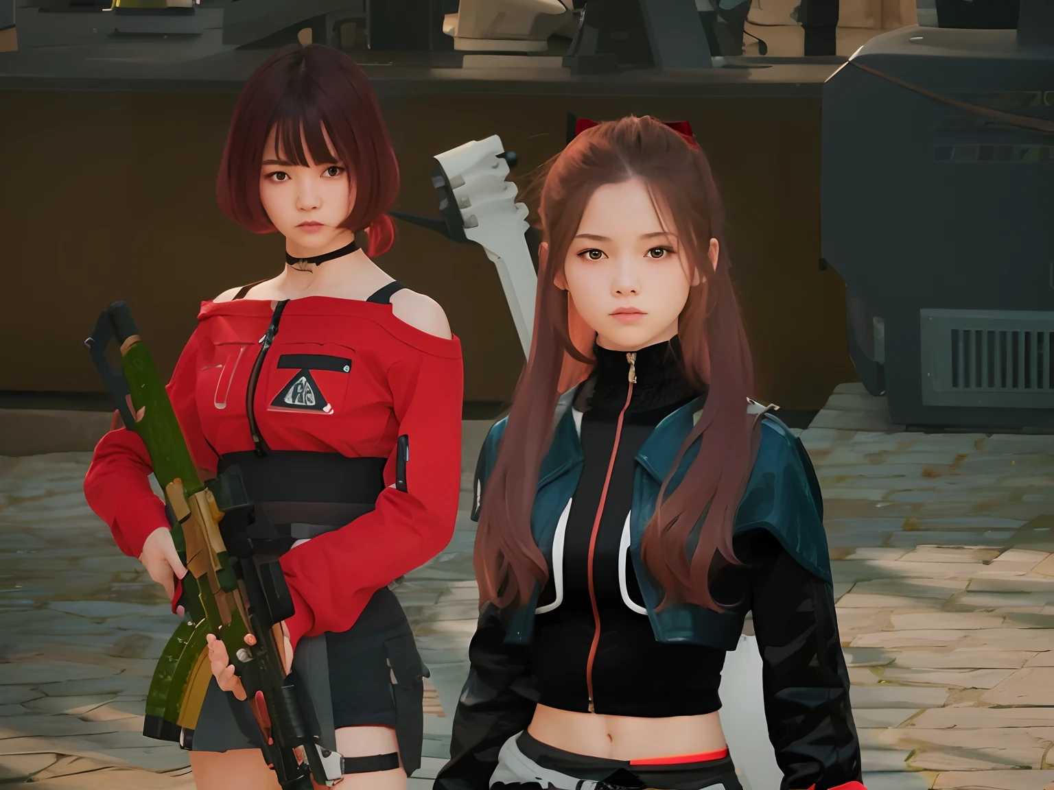 2girl, duo, Young adult, Long wavy red ribbon hair, Lightbrown hair, Short hair, Red hair, Holding AK47, ultra quality, high resolution, 4k, real face