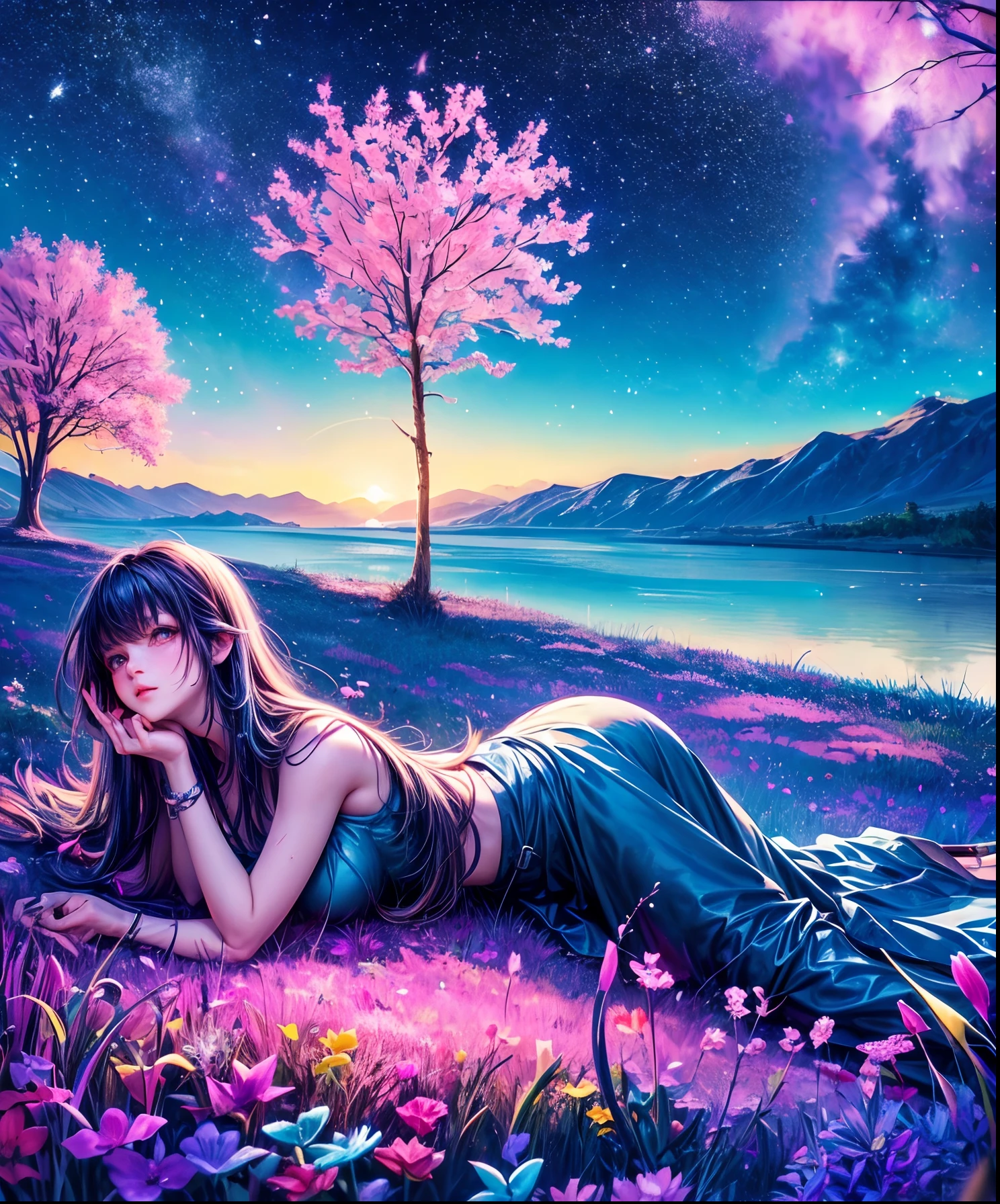 Describe a scene where a cute girl character is lying on a grassy hill, Looking up at the starry sky. Surround her with colorful nebulae and her favorite constellations.