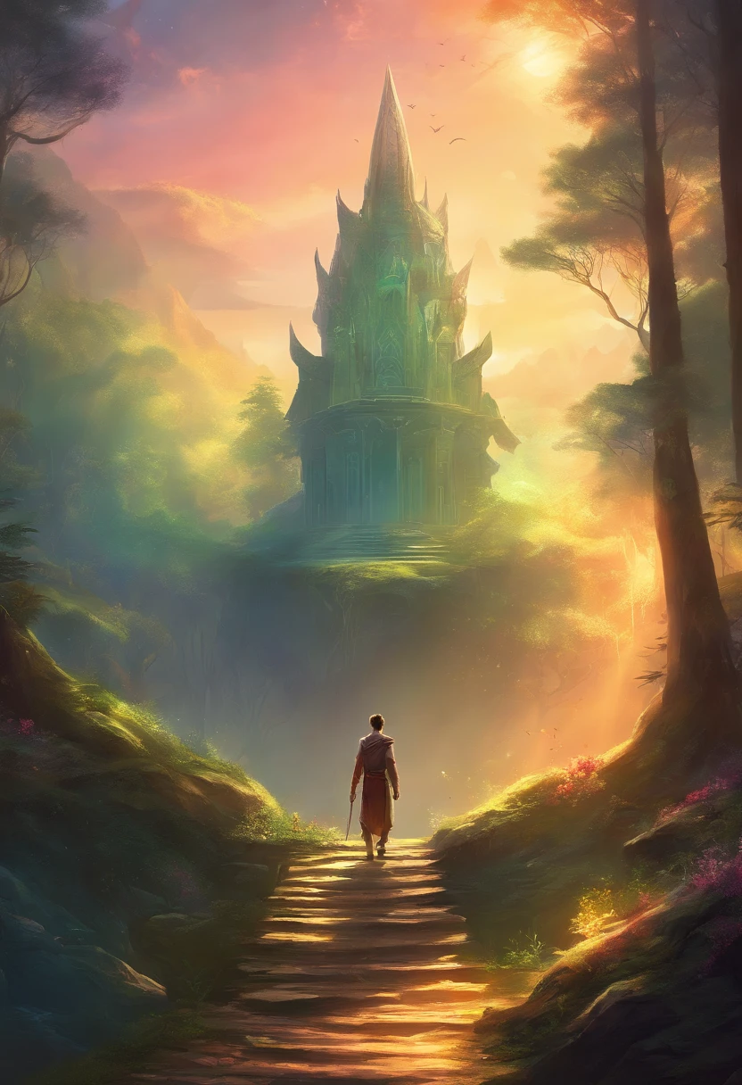 Boy,cool style, sunrise, In the forest there is a glowing temple. and there was a man walking boldly and firmly into the temple.