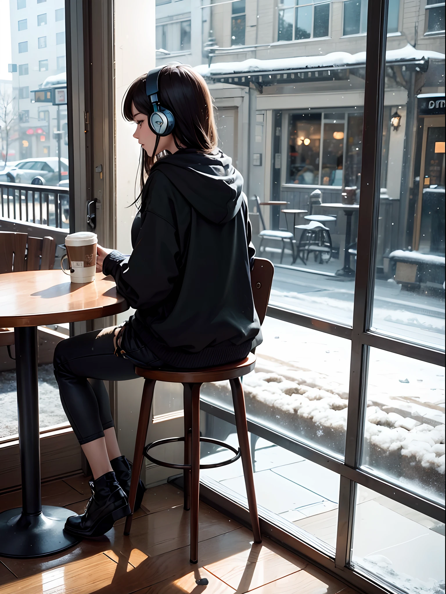 Snowfall on window, ((warm coffee cup on table)), back view of a girl wearing a headphones sitting,(((cafe))), hoodie