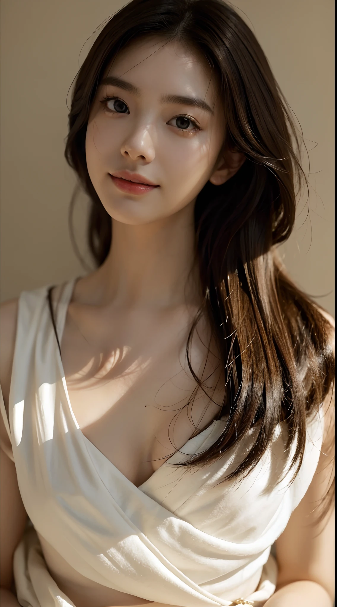 portrait of a beautiful tall young korean woman, massive natural breasts, casual photo, ((loose thick long wavy hair, shoulder length hair, fluffy light brown hair):1.3), tank top, (longneck:1.7)