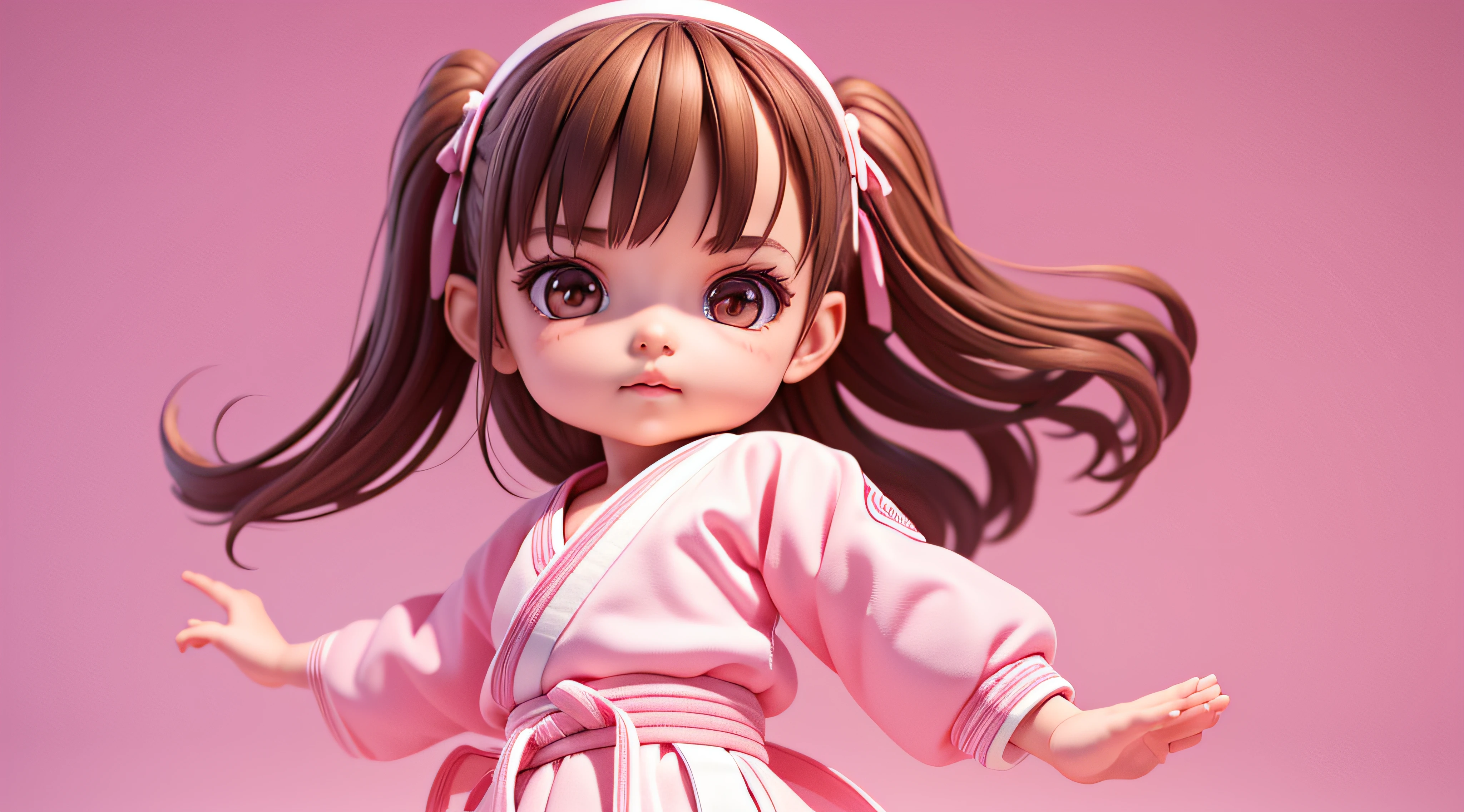 highly detailed 3D render of a cute brunette girl with a white karate gi, high detailed textures, soft smooth textures, kids cartoon style, pink gradient background.