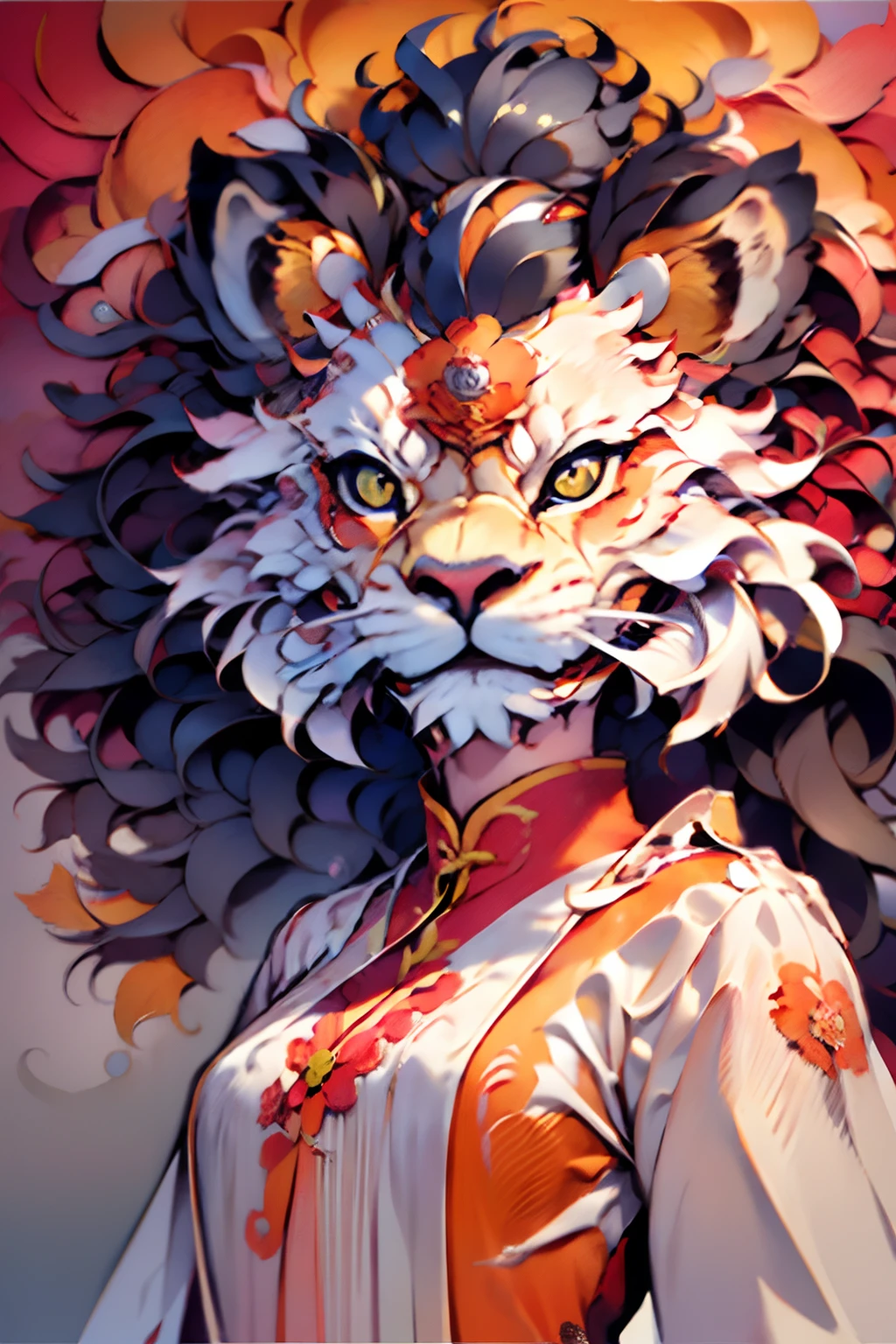 1girll, Clear facial features,looks into camera, pretty eyes,Solo, lion_Dance,lion dance,dynamicposes,Chinese clothes, Well-designed lion's head design, Brightly colored lions, Traditional Chinese art, Expressive lion dance, Red lanterns,Chinese Year, China-style,red colour,Traditional lion dance, Auspicious symbolism, Auspicious blessings, The expression of a lion's eyeball, Lively celebration background, arte em papel cortado,s fractal art,(Masterpiece, Best quality, High quality, A high resolution, Ultra-detailed),