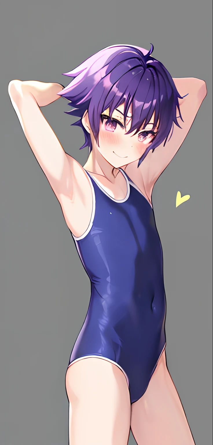 Makoto Kenzaki, gender change, Anime Boy, gender change(Girls to boys), Boy with short purple hair, solo, short_hair, Boy with Purple Eyes, hair_ornament, swim wears, rating:safe, lying, shiny, smile, shiny_hair, Bending arms, hair clips, green_background, on_back, looking_at_viewer, shiny_skin, School swim wear, eyeslashes, simple_background, Raising arms, garments:High-cut swimwear, Anime boy standing, Cure Sword, Cool boy in blue tank suit, gradient_background, gradient, blush, flipped_hair, grey_background, shadow, cowboy_shot, heart, closed_mouth, sketch, collarbone, arched_back, swept_bangs, highleg