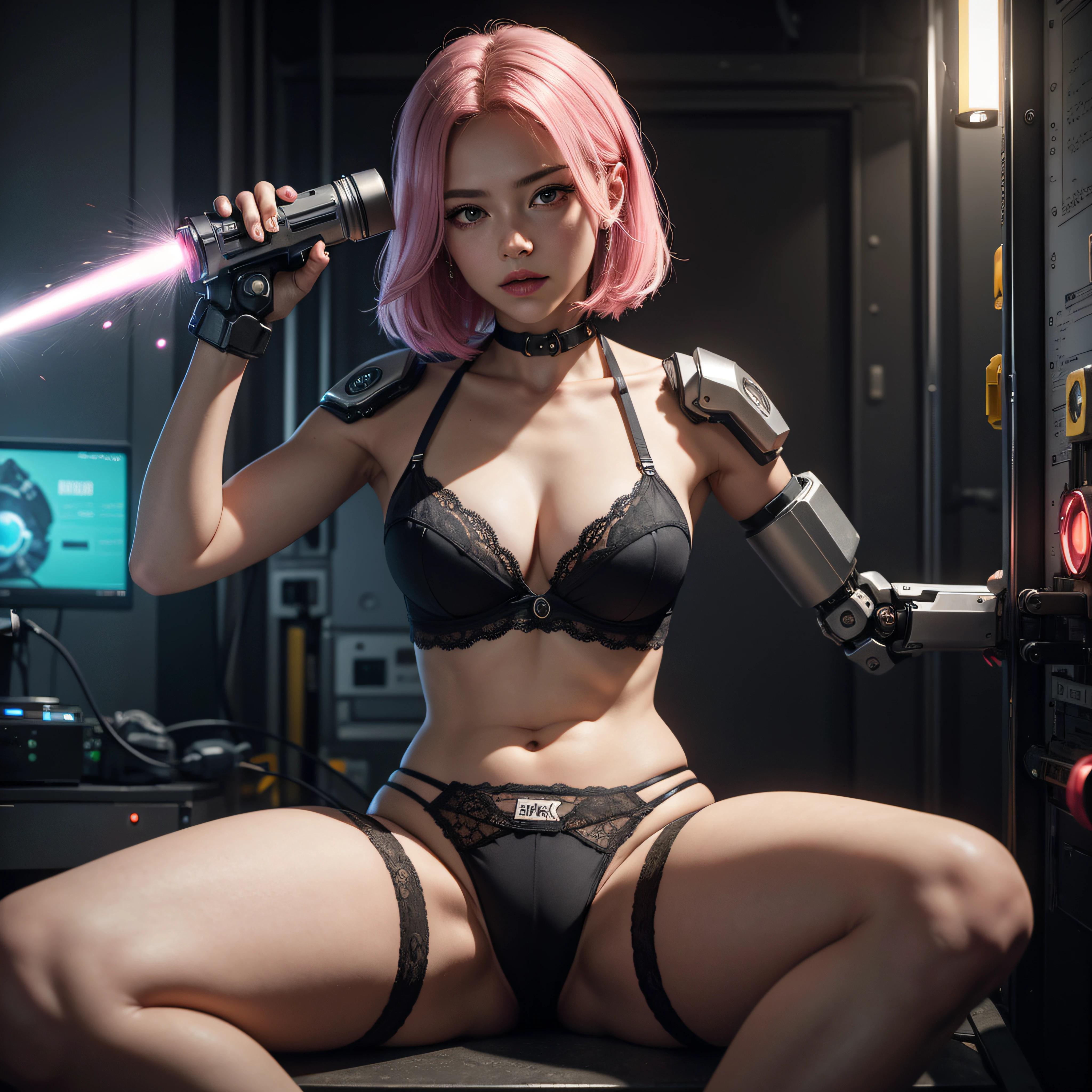 ((calidad superior)), ((obra maestra)), ((realista)), (Los detalles), (fotorrealista:1.5), puppet, marioneta de nadera humanoides tendidos en un piso de concreto, Science-Fiction, HDR, Trazado de rayos, NVIDIA RTX, Los ultra-Highres, Irreal 5, Sub-Surface Scatterring, PBR texturizado, Post-procesamiento, Anisotropic filtering, Profundidad de campos, maximum sharpness and sharpness, Regla de los tercios、8K RAW、(Luminescent Particles:1.4)、(super-detailed CG、Unidad 8k Fondos de pantalla、lighting like a movie、destello de lente、foco nítido、Girl with pink lingerie in robotic parts, Cannons, Armas, pistola, Arte cyberpunk、arquitectura cyberpunk