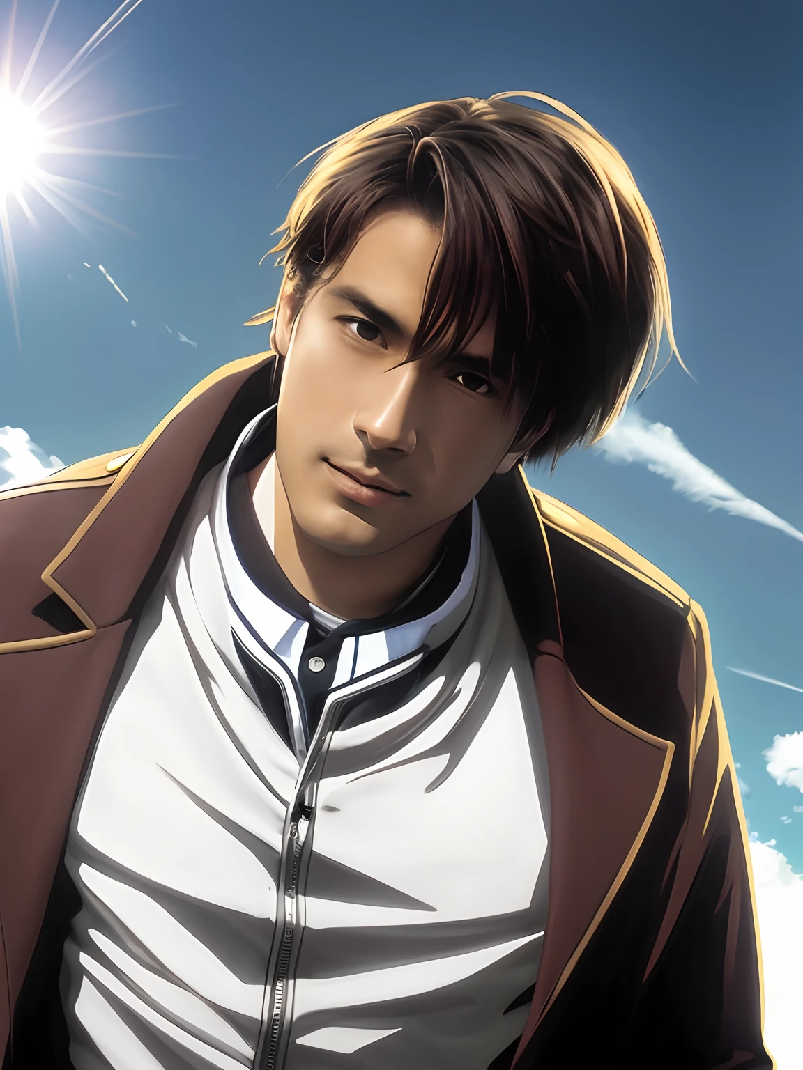 Close-up of a man in a jacket and tie, standing in front of the sky
