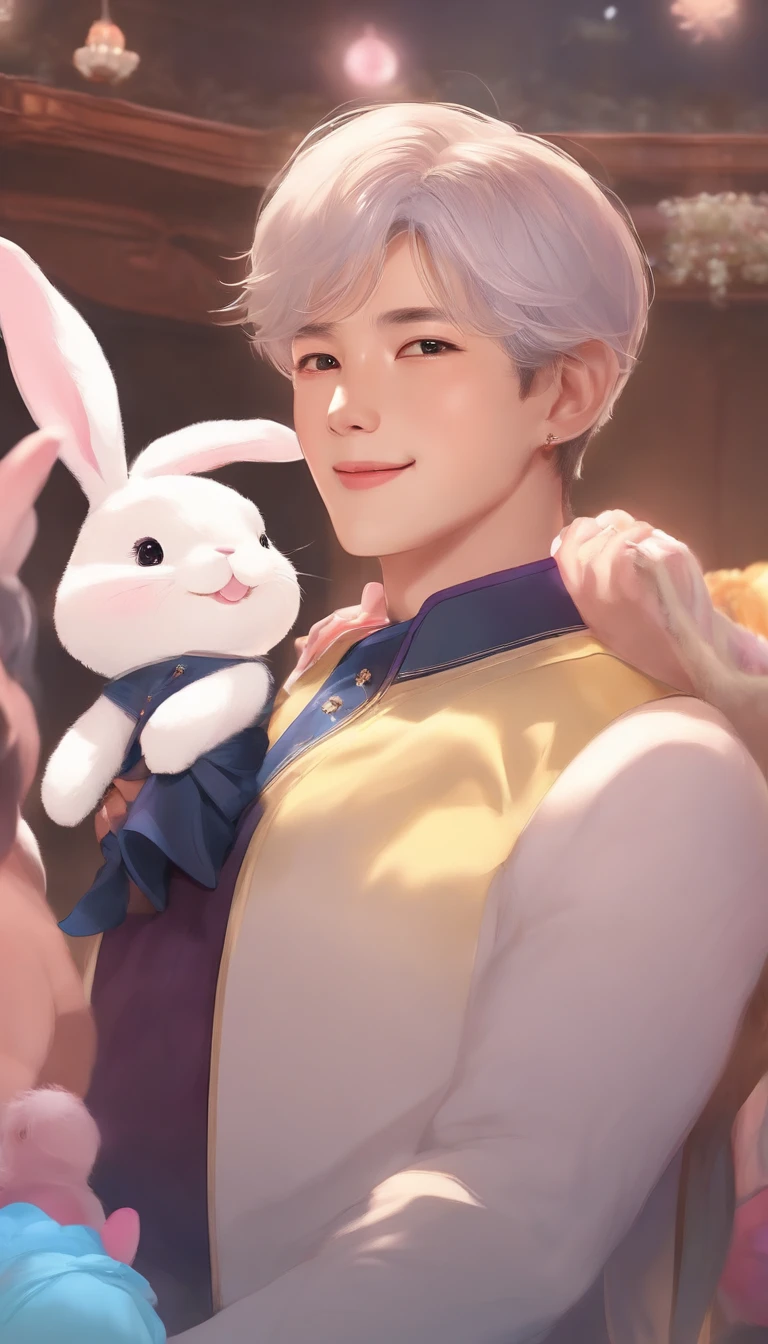 Asiian President, a smile but Shameful, Looking directly at the lens, at centre, Very bright colors, with light glowing, Standing with one leg raised high, , bedroom, pastel color, fluffy bunny ears, holding rabbit stuffed toy