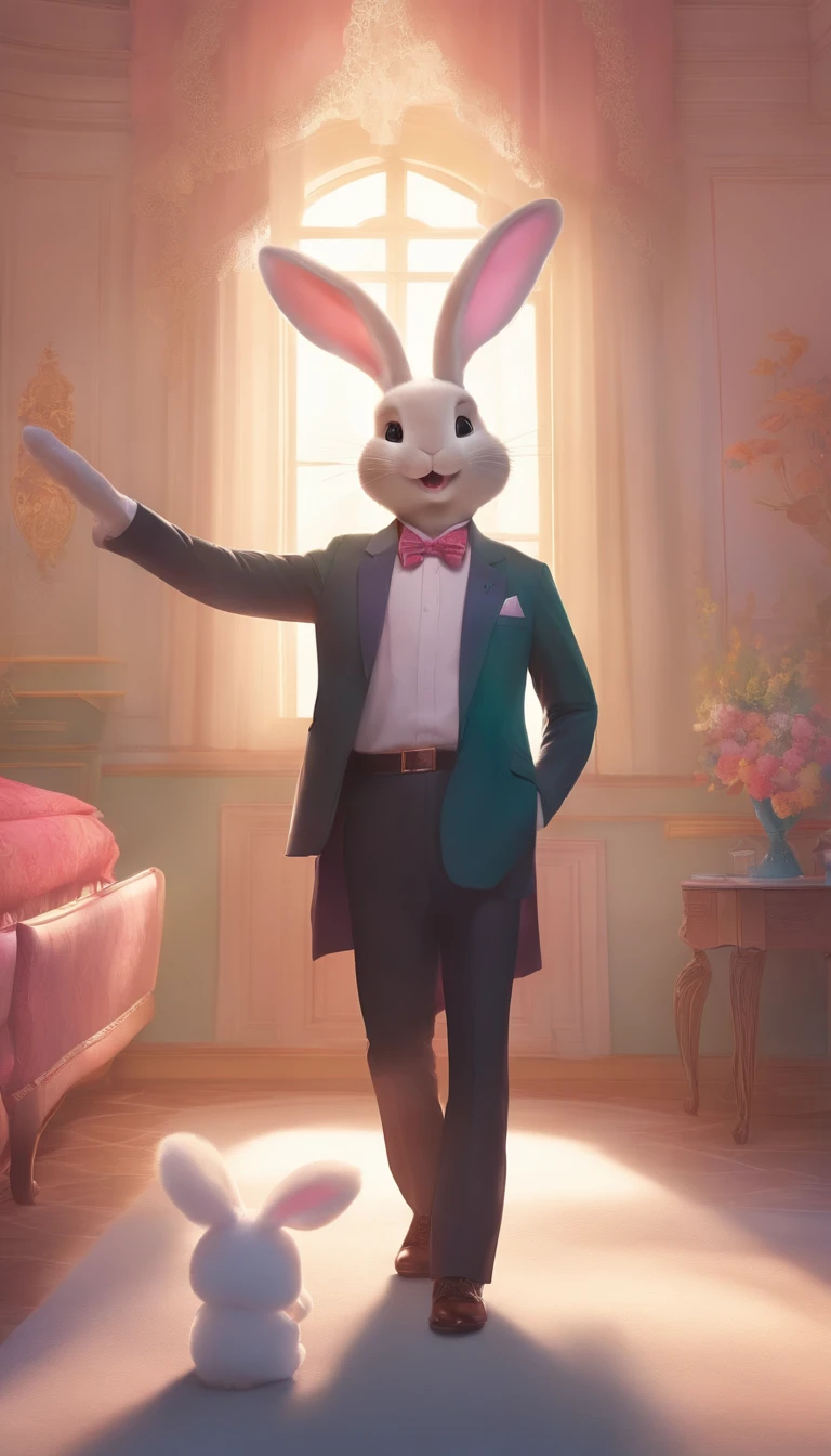 Asiian President, a smile but Shameful, Looking directly at the lens, at centre, Very bright colors, with light glowing, Standing with one leg raised high, , bedroom, pastel color, fluffy bunny ears, holding rabbit stuffed toy