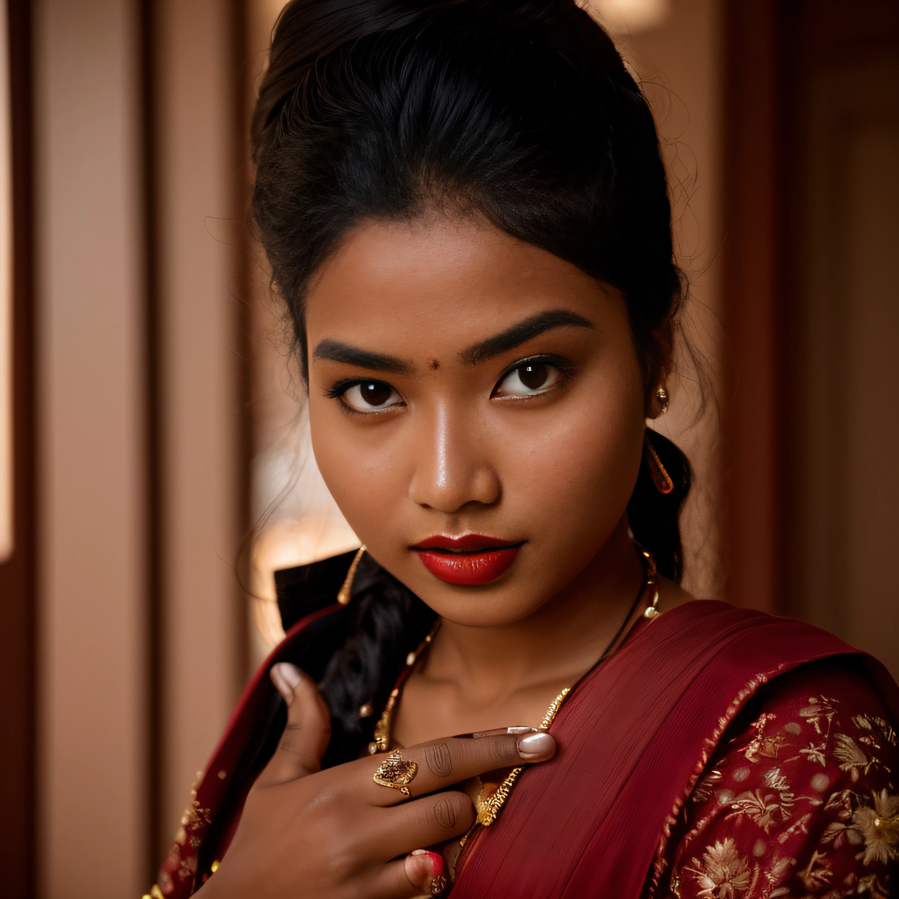 there is a woman with a red necklace and a black dress, srilanka model aesthetic, indian, beautiful young himalayan woman, with lovely look, young himalayan woman, traditional beauty, very beautiful girl, with accurate face, beuatiful face, beautiful himalayan woman, portait photo profile picture, beutiful face, around 1 9 years old, facebook profile picture, ((film grain, skin details, high detailed skin texture, 8k hdr, dslr)), photography taken by sony DSLR, Hd image, dark redlips