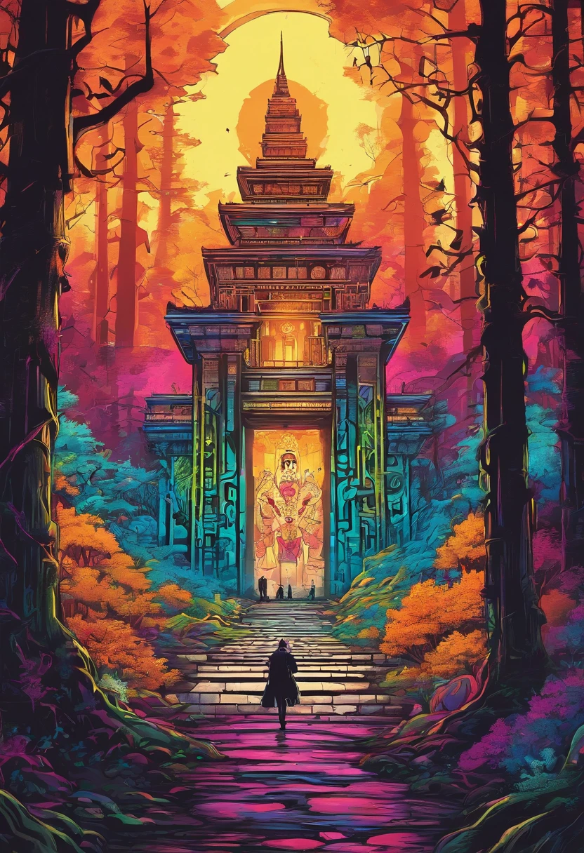 In the forest there is a glowing temple. and there was a man walking boldly and firmly into the temple.