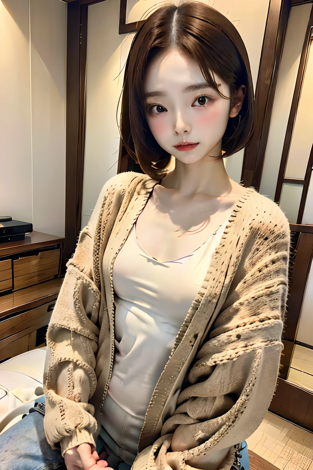 top-quality、masutepiece、独奏、Women with small breasts、Natural look、brown haired、Long sleeve sweatshirt