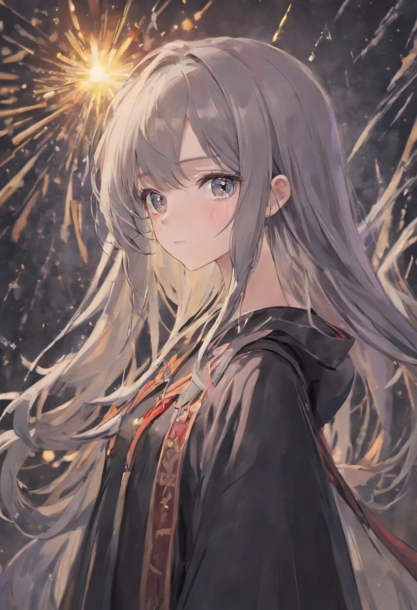 greyt hair，Gray pupils，wearing long black robe，A girl with a lively personality