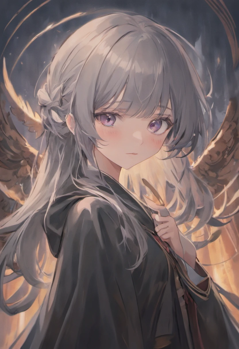 greyt hair,Gray pupils,wearing long black robe,A girl with a lively personality