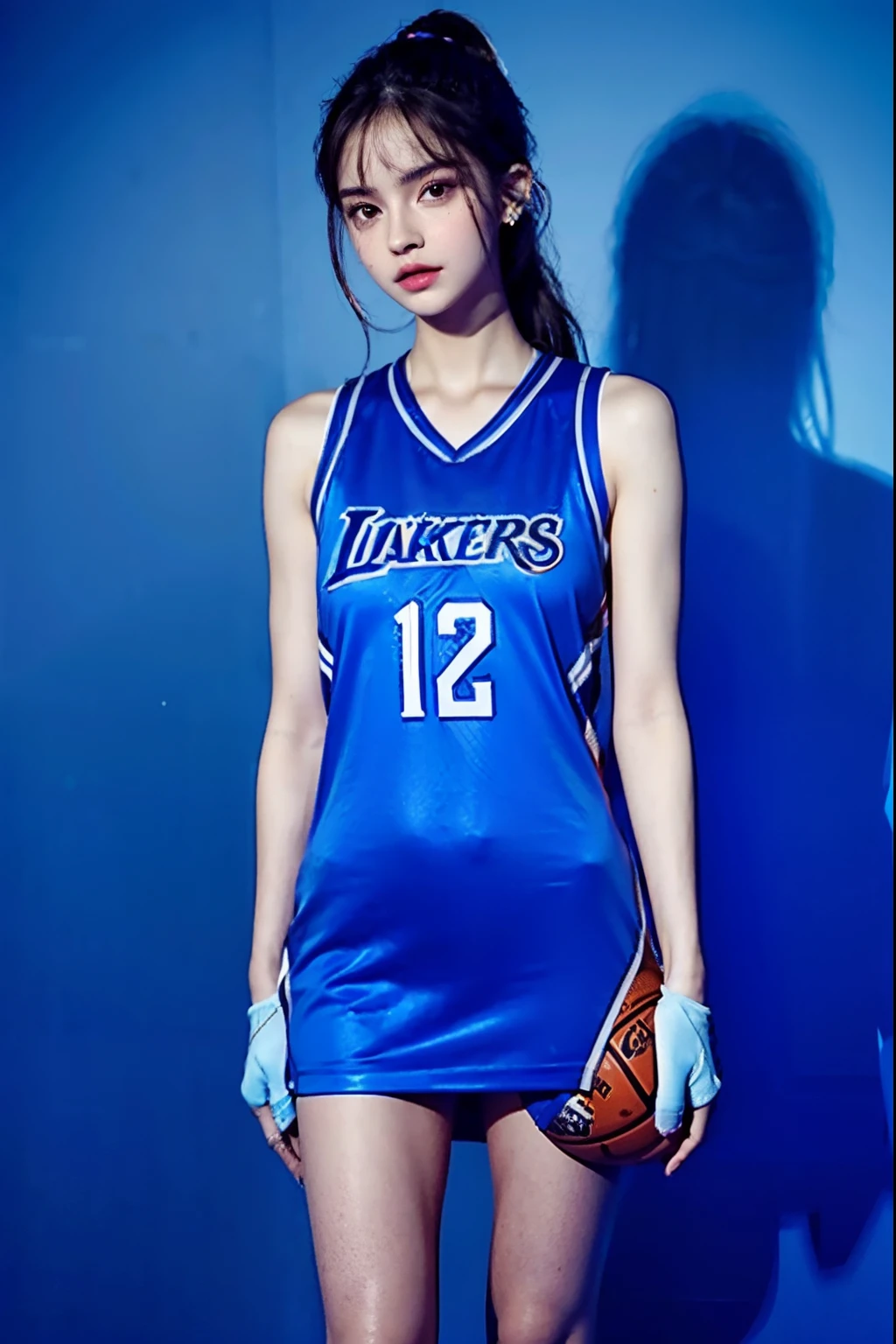 a woman in a blue dress holding a basketball ball, wearing basketball jersey, wearing nba jersey, blackpink jennie, wearing a volleyball jersey, emma watson as a tall nba player, lalisa manobal, jia, official fanart, promotional images, isabela moner, dilraba dilmurat, official photos, glossy magazine photoshoot, cute:2
