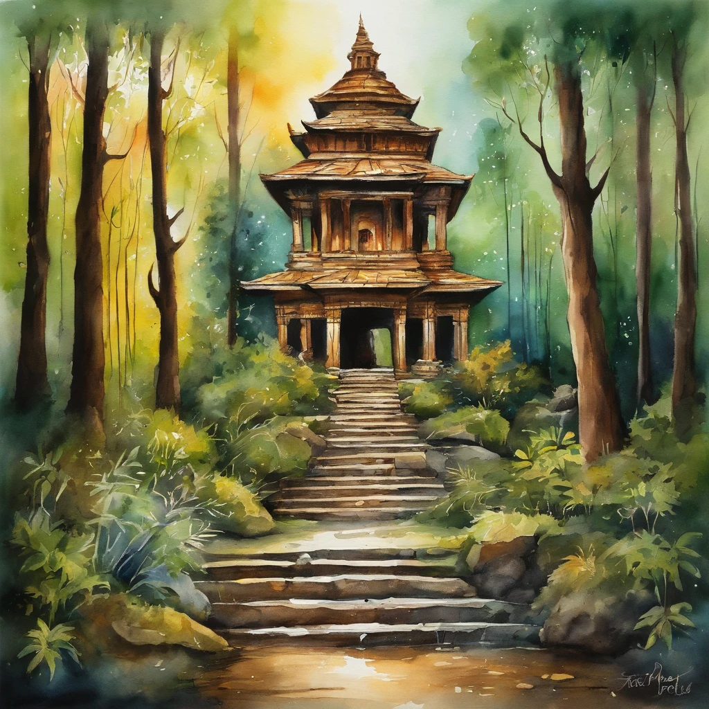 In the forest there is a glowing temple. and there was a man walking boldly and firmly into the temple.