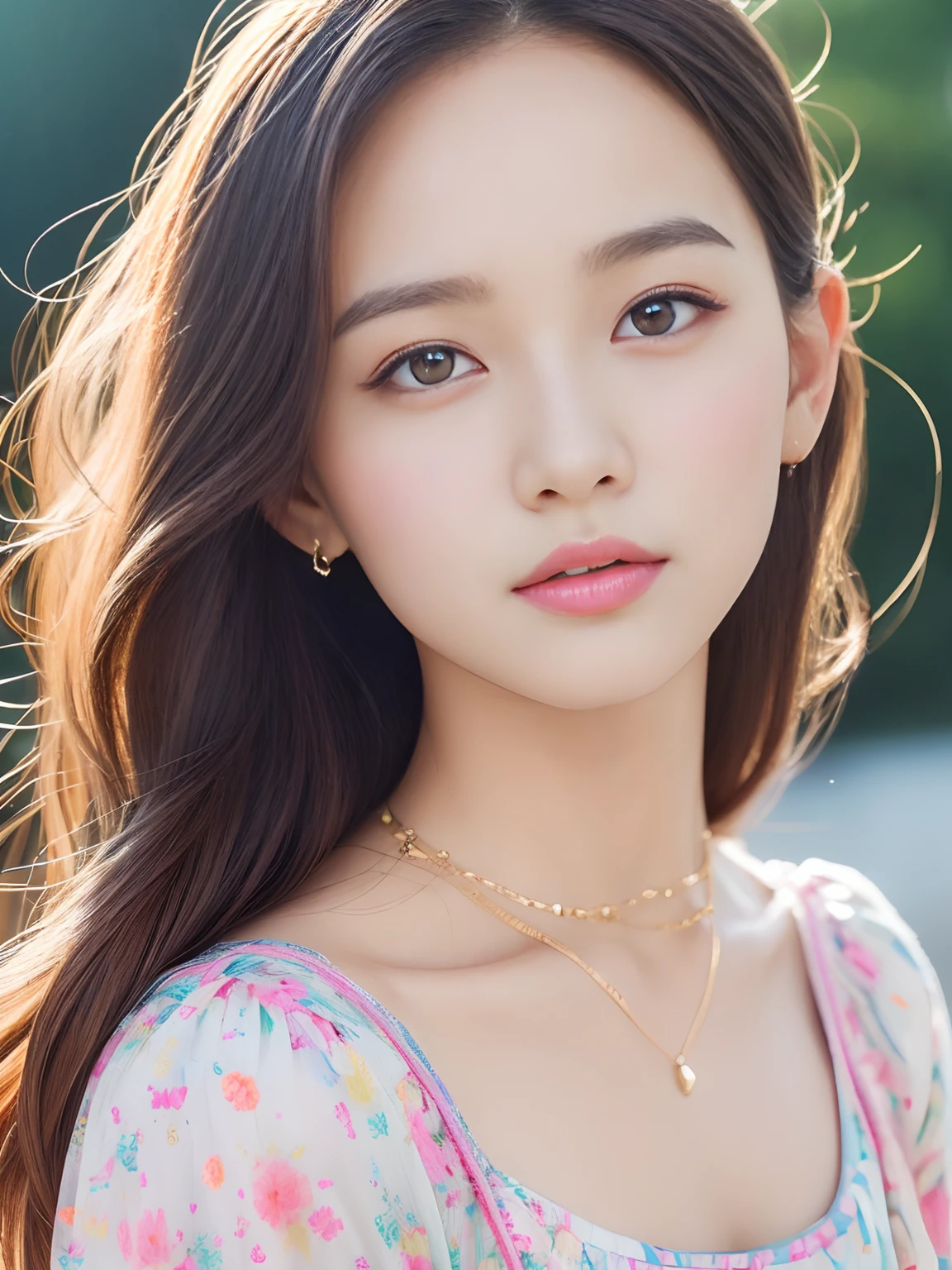Perfect face and small breasts、Cute clothes、18-year-old girl with slim and slender physique。Skin is detailed and very detailed eyes(1.1 emphasis)、high detailed skin texture(1.1 emphasis)Has a。Slender necklace、Model Photo Style、Photorealsitic、Skin texture is the texture of real human skin、Detailed skin pores、intricate detailes、Eyes very detailed、Colorful dress with colorful hair、rossdraws pastel vivid、artgerm colorful!!!、!Dream Art Germ、extremely detailed art germ