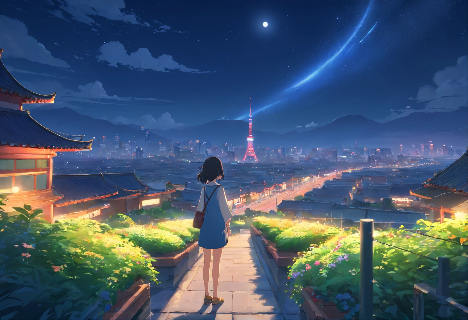 Best quality at best,tmasterpiece,The is very detailed,Face details,8K, detailed back ground,There are no characters,There are no humans,There are no characters,There are no roles,Pure landscape view,独奏,Chinese city,Chinese service,the night,themoon,scenecy,high place,horizon,ventania,wind blown,flowerbed