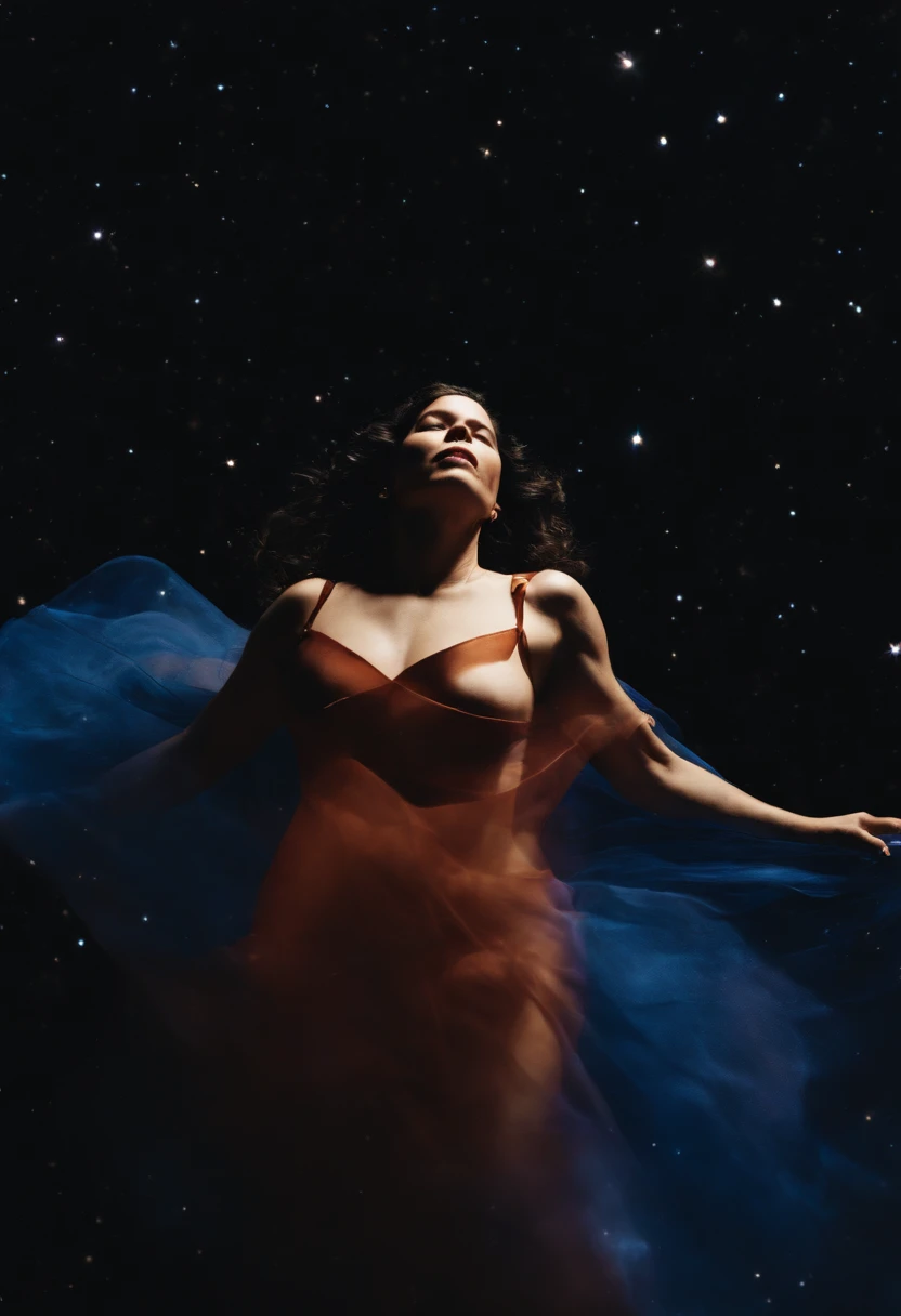 Natalie Merchant floating in space nude 8k cinematic fine details sexy 35mm film detailed and realistic full body portrait --auto