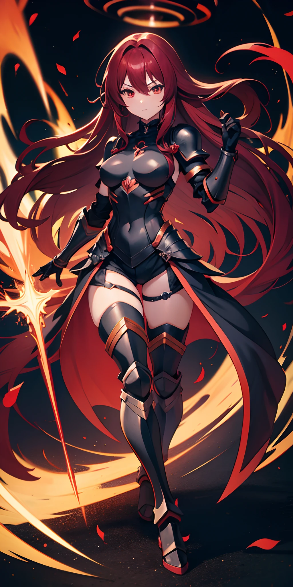 ((anime)), (full body view), (1 girl), (medium breasts), (black armor), (crimson long hair:1.2), short