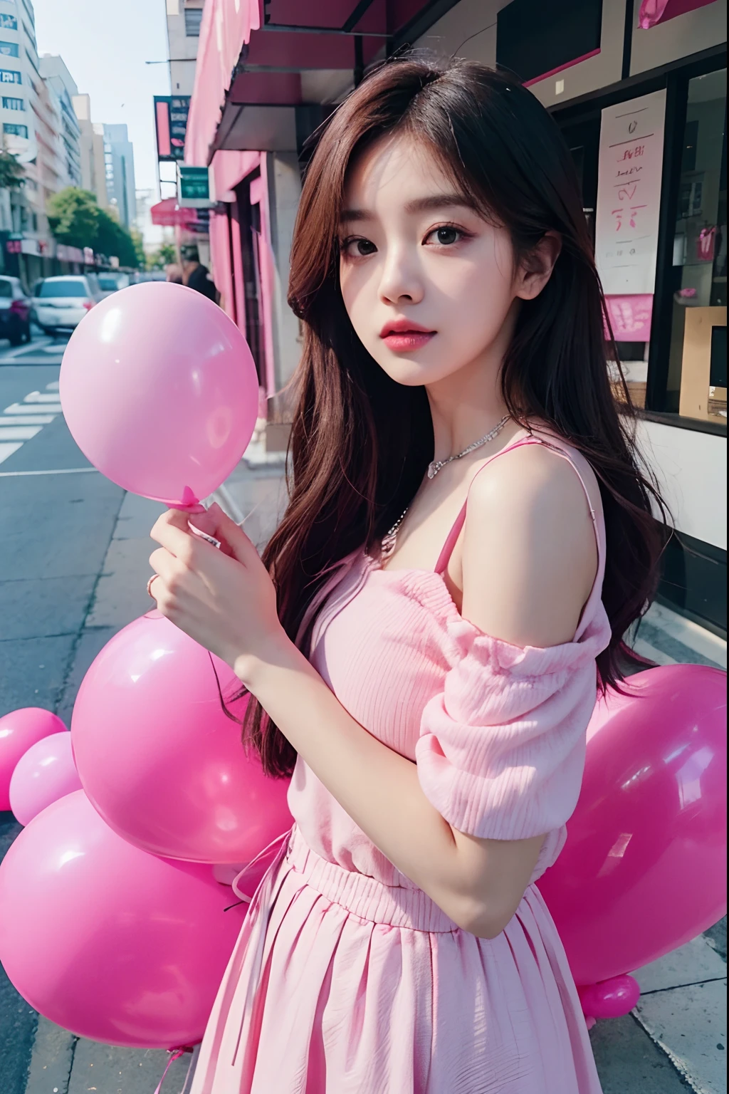 araffe woman holding a pink balloon and a pink cake, roseanne park of blackpink, tzuyu from twice, chiho, (pink colors), photoshoot, some pink, captured on canon eos r 6, shot on canon eos r5, shot on canon eos r 5, gemma chen, belle delphine, gongbi, blackpink jennie, pastel'