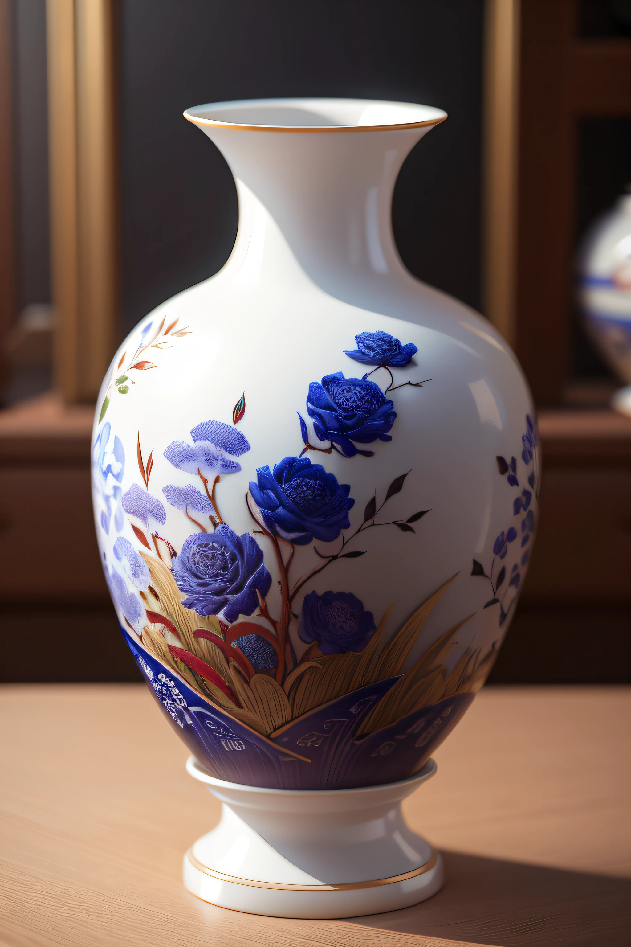 Close-up of vase with handle on the table, chinese blue and white porcelain, Chinese art, style of chinese vase, vases, ancient chinese ornate, ancient china art style, su fu, inspired by Xuande Emperor, glazed ceramic, Ming dynasty, mu pan, author：Tan Yang Kano