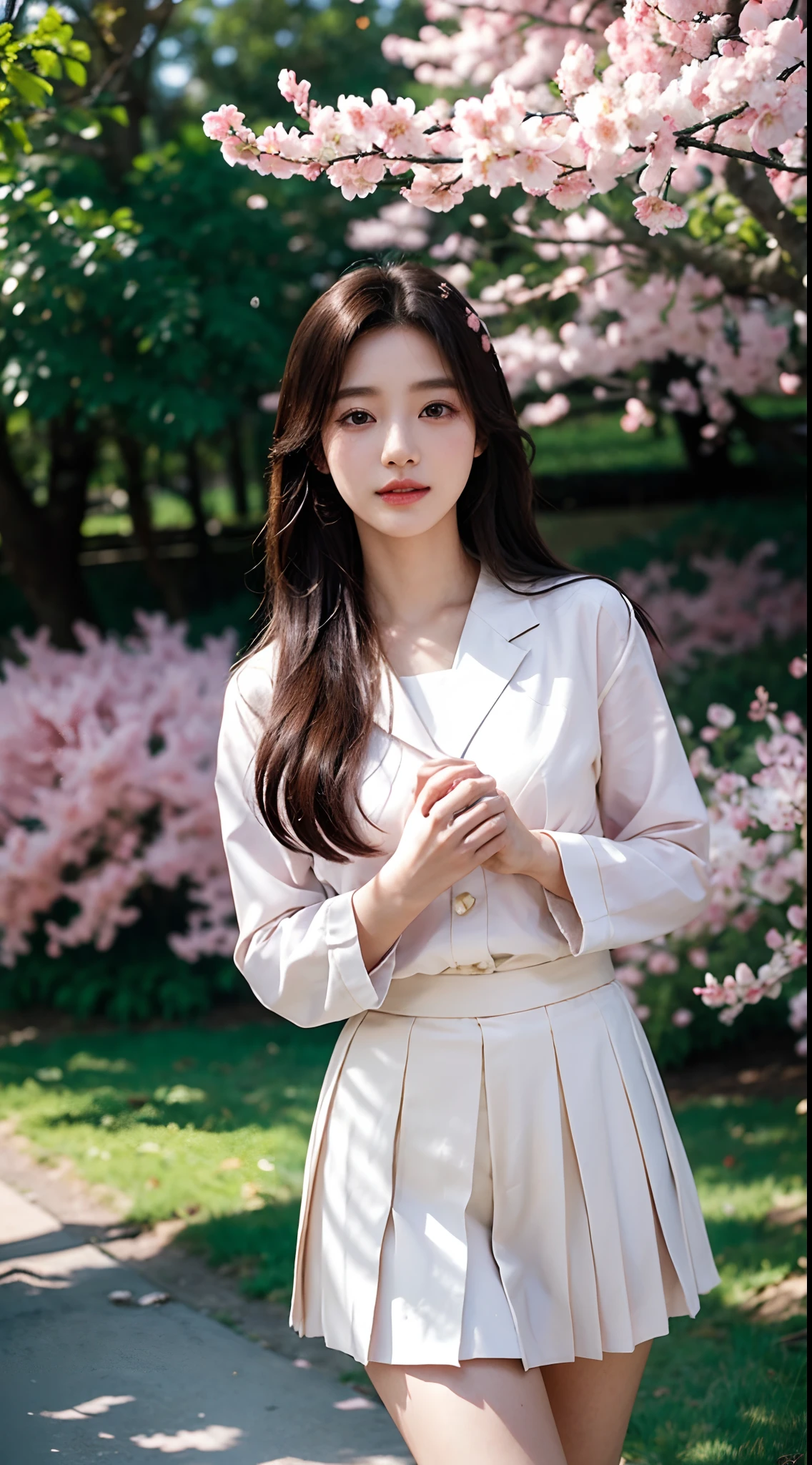 Best quality, Realistic, Photorealistic, extremely detaile, An extremely delicate and beautiful, RAW photo, Japanese and Korean beauties,South Korean beauties,Girl in JK uniform, mini-skirts, Detailed eyes and lips, Beautiful hair, joyful expressions, Surrounded by cherry blossom trees, It has a kawaii anime style, In a picturesque garden full of sunshine. The artwork is of the best quality, With ultra-detailed features and realistic, Realistic touch. vibrant with colors,The lighting creates a warm atmosphere, Dreamy atmosphere.