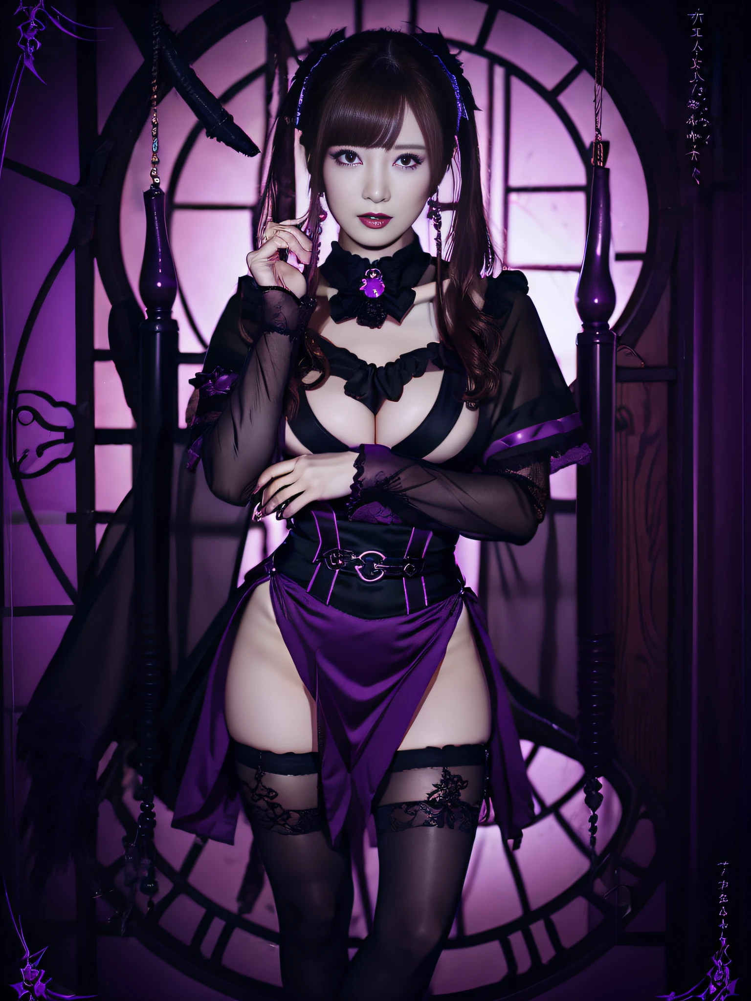 Charming Japanese style beauty、Brown hair、Evil Female Executive、Night city、Move ki、The Darkness、seductiv、brainwash、Retrofit equipment、Evil Fall、wicked、darkness、Purple Eyeshadow、black pantyhose、Evil Bride、Black pleated skirt、Dark