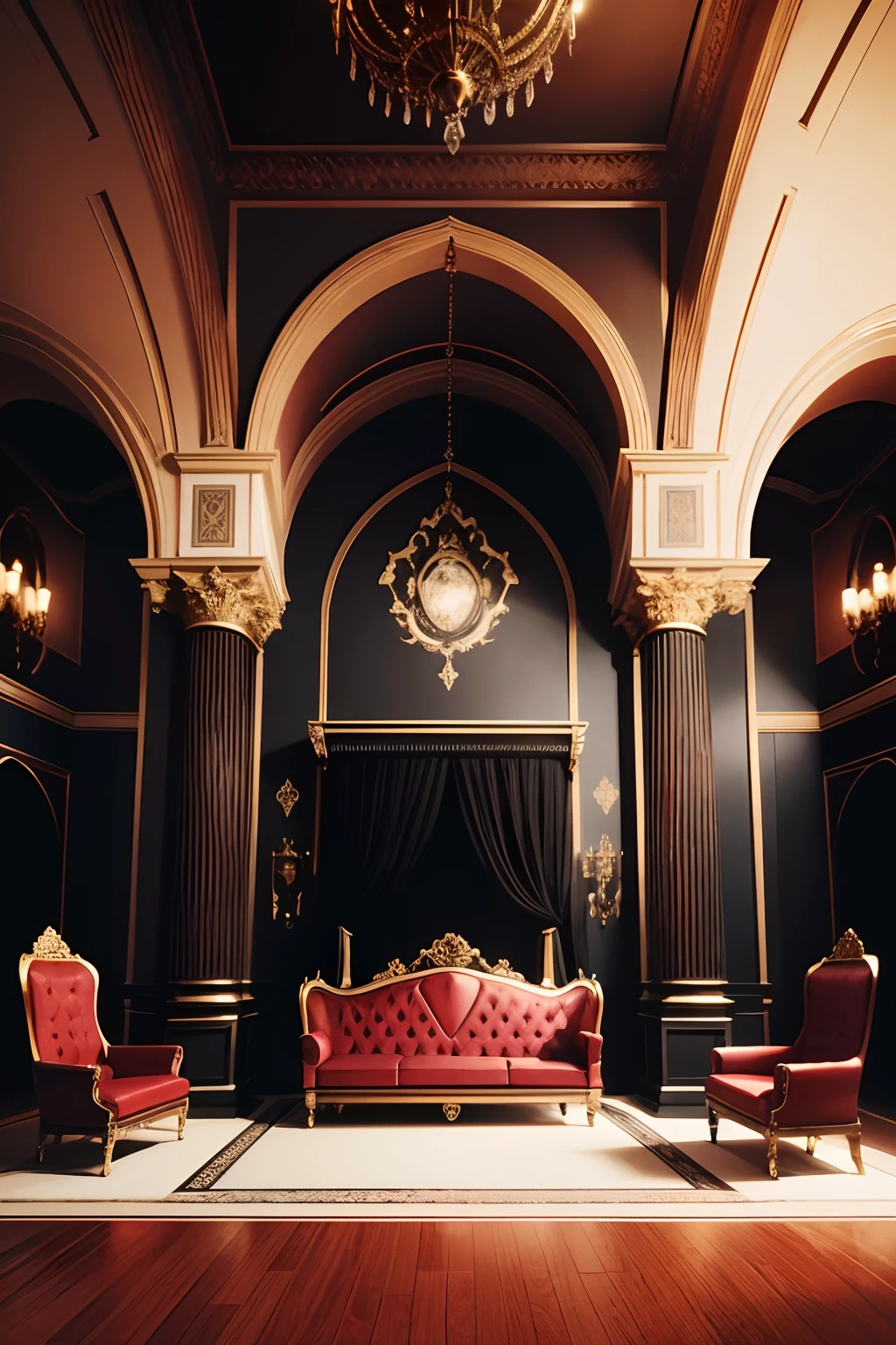 Large imperial Gothic hall with fireplace, Black walls with gold and red decoration, An imperial-style sofa with crimson red upholstery and fine gold décor, sillones estilo trono en las esquinas con tapizado rojo, piso negro y una gran alfombra roja. Techo acampanado negro, Every room has dim lighting that enhances the color black and red