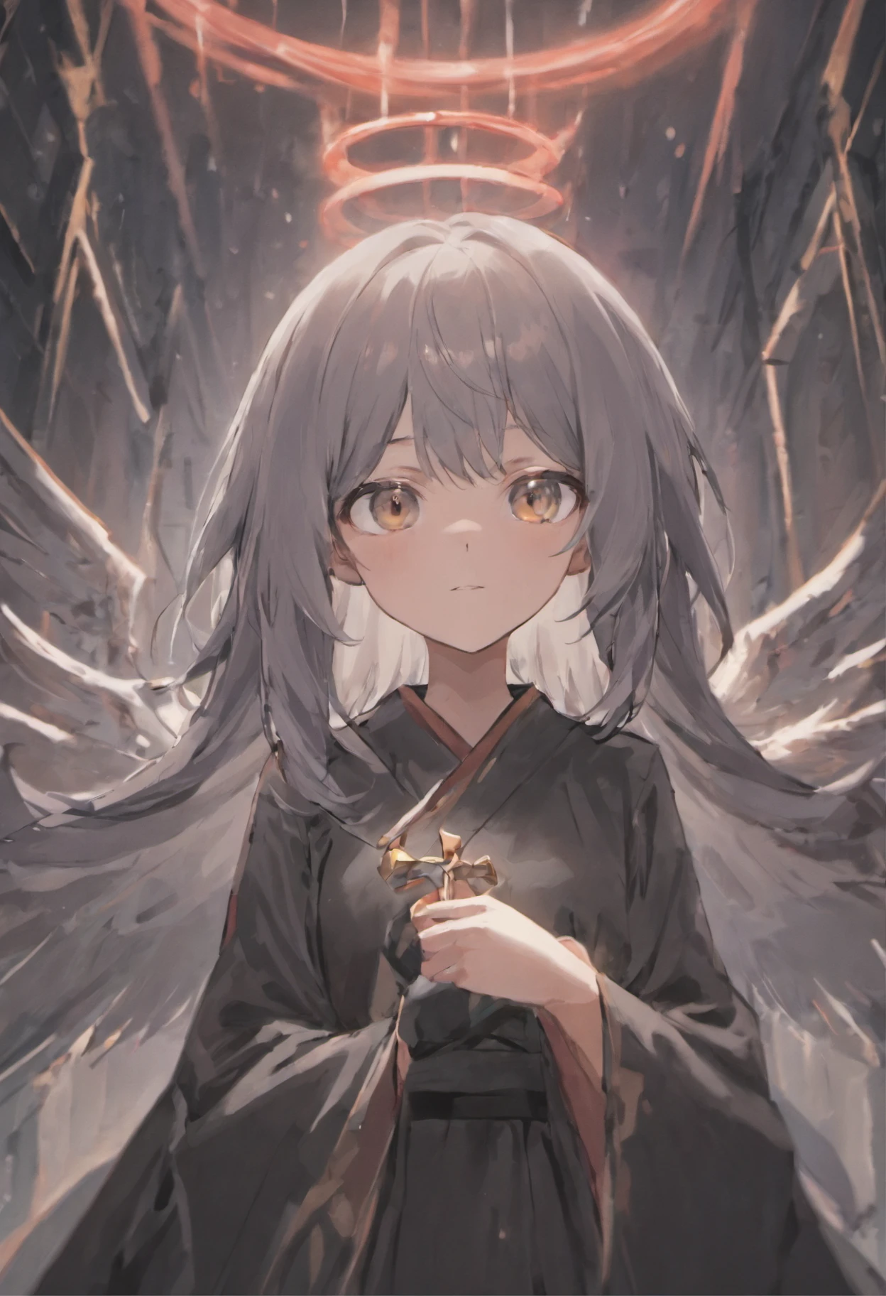 greyt hair,Gray pupils,wearing long black robe,A girl with a lively personality