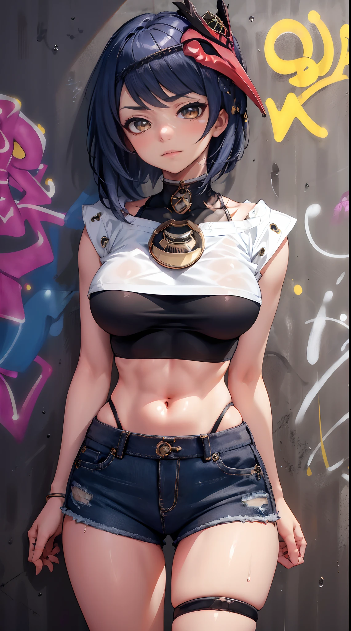 Kujou Sara Genshin Effect, masterpiece, bestquality, 1girls, oversized breasts, bara, crop top, shorts jeans, choker, (Graffiti:1.5), Splash with purple lightning pattern., arm behind back, against wall, View viewers from the front., Thigh strap, Head tilt, bored, water eyes,