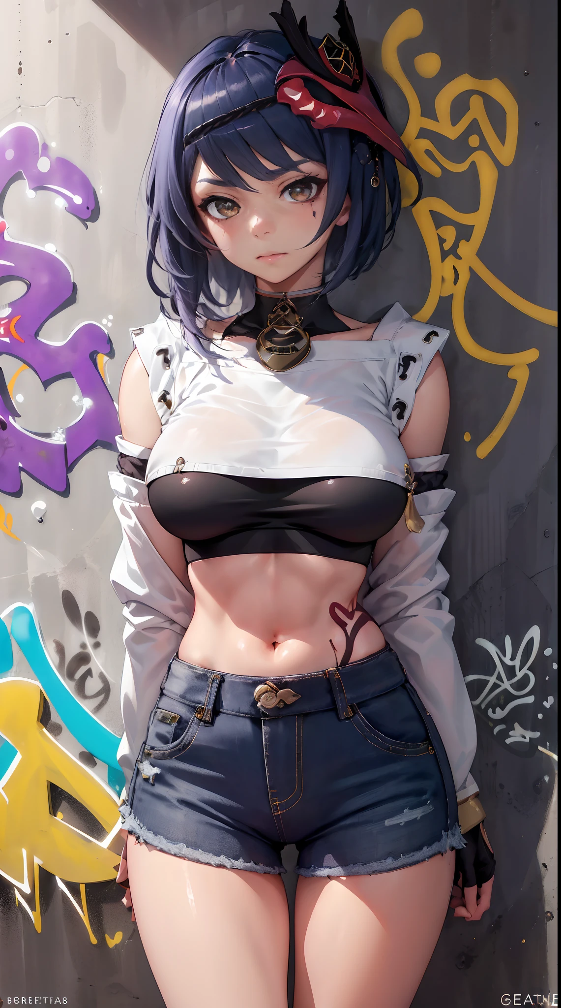 Kujou Sara Genshin Effect, masterpiece, bestquality, 1girls, oversized breasts, bara, crop top, shorts jeans, choker, (Graffiti:1.5), Splash with purple lightning pattern., arm behind back, against wall, View viewers from the front., Thigh strap, Head tilt, bored, water eyes,