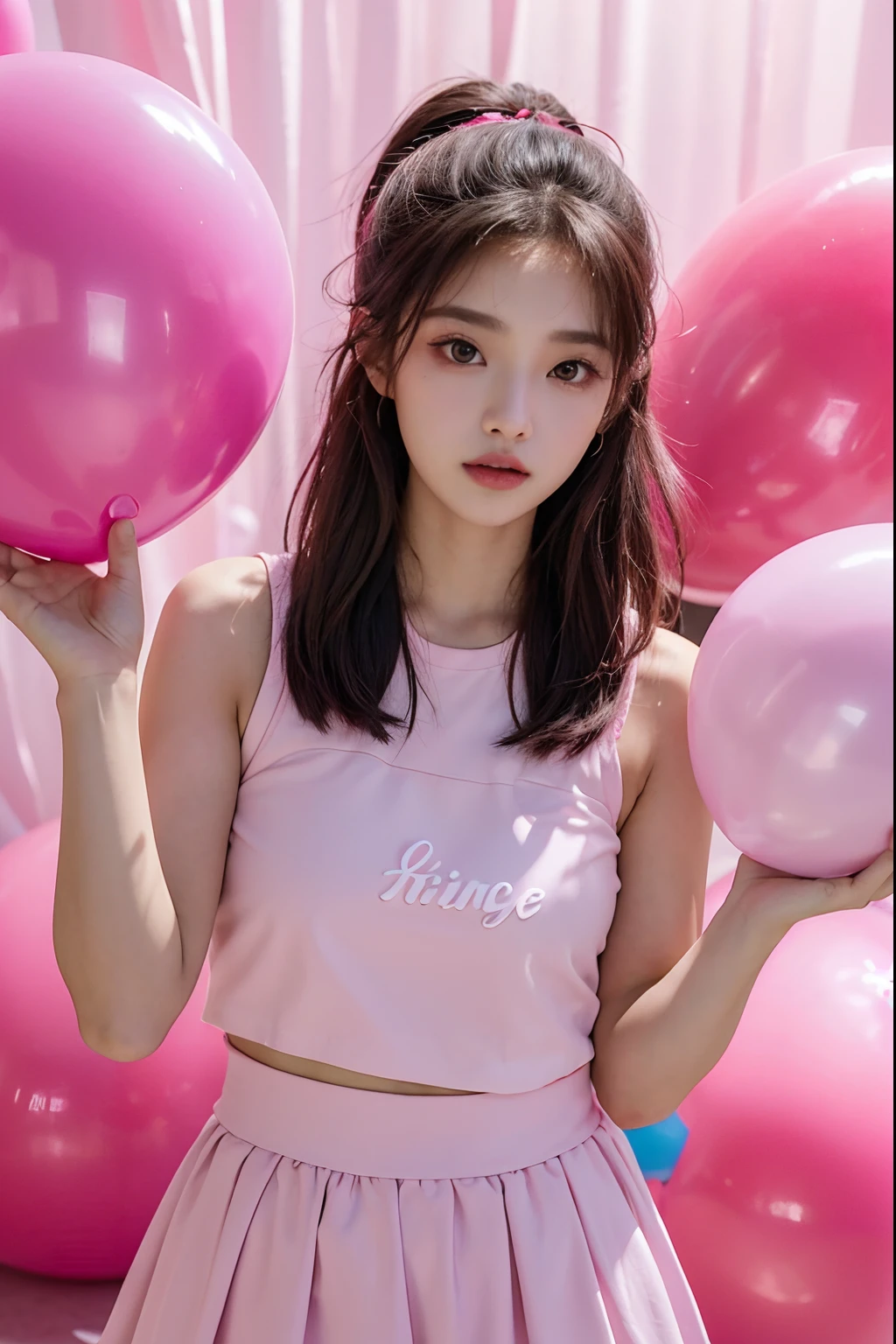 araffe woman holding a pink balloon and a pink cake, roseanne park of blackpink, tzuyu from twice, chiho, (pink colors), photoshoot, some pink, captured on canon eos r 6, shot on canon eos r5, shot on canon eos r 5, gemma chen, belle delphine, gongbi, blackpink jennie, pastel'
