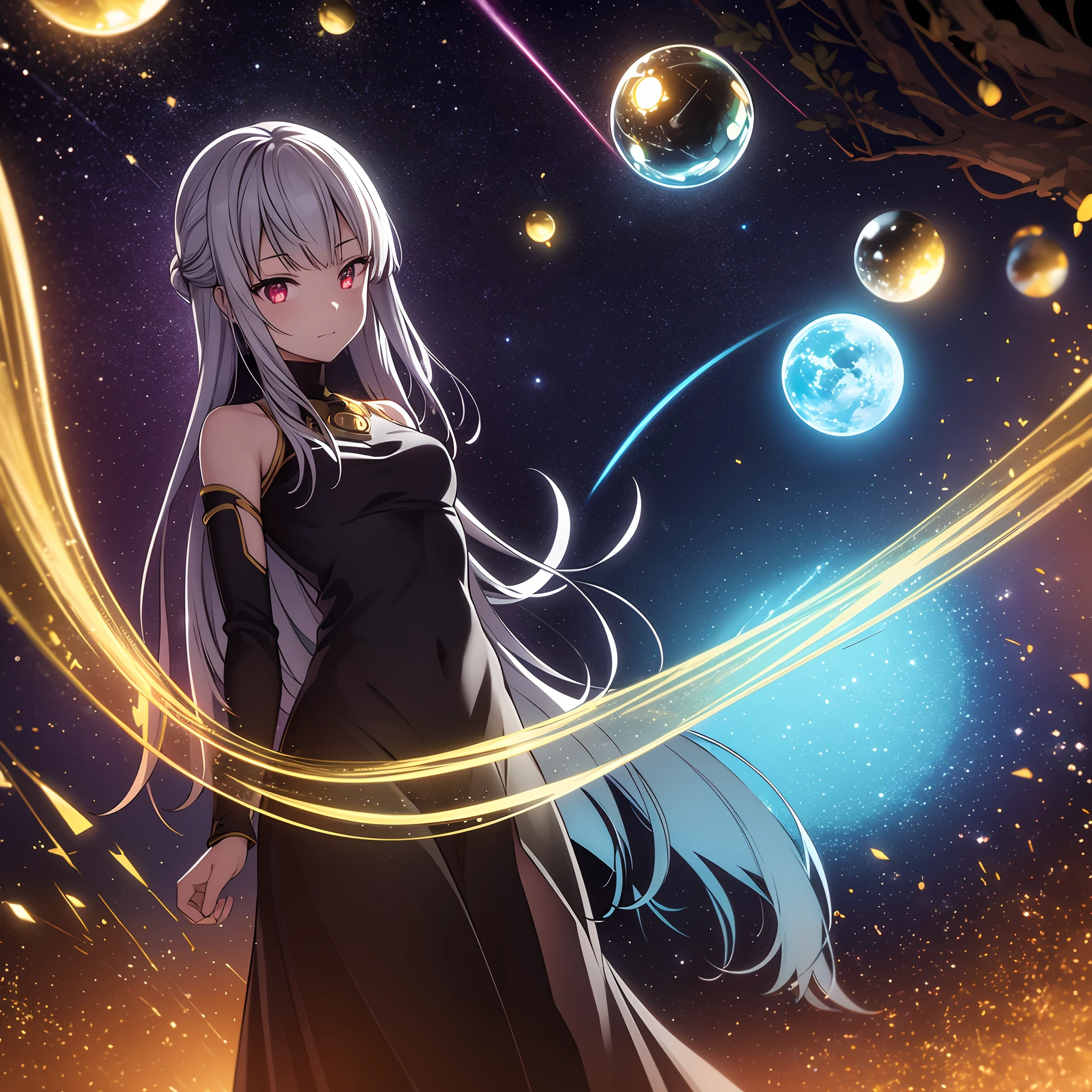 best quality, ultra-detailed, realistic, space, glass orbs, futuristic, sci-fi, vibrant colors, glowing lights, floating spheres, reflection, cosmic energy, ethereal atmosphere, surreal scene, high-tech, supernatural, otherworldly, abstract art, kaleidoscopic patterns, sparkling stars, celestial bodies, endless depth, mesmerizing, immersive experience, intriguing composition, masterful brushwork, captivating, mysterious ambiance