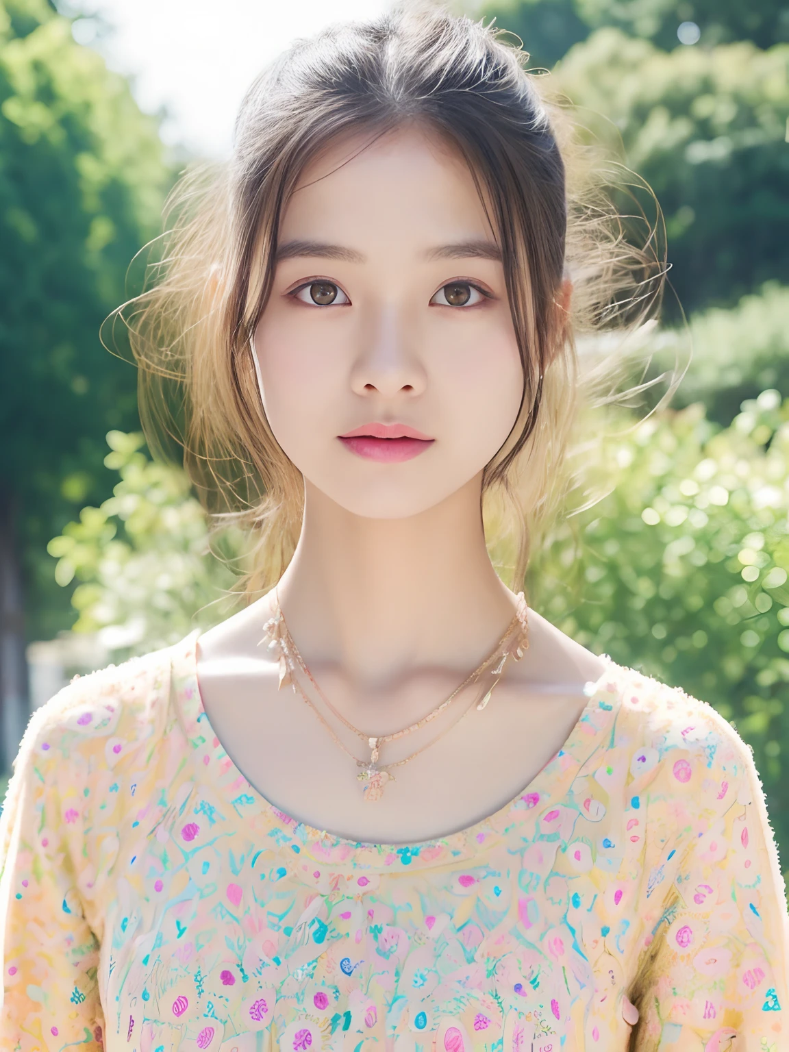 Perfect face and small breasts、Cute clothes、18-year-old girl with slim and slender physique。Skin is detailed and very detailed eyes(1.1 emphasis)、high detailed skin texture(1.1 emphasis)Has a。Slender Necklace、Model Photo Style、Photorealsitic、Skin texture is the texture of real human skin、Detailed skin pores、intricate detailes、Eyes very detailed、Colorful dress with colorful hair、rossdraws pastel vivid、artgerm colorful!!!、!Dream Art Germ、extremely detailed art germ