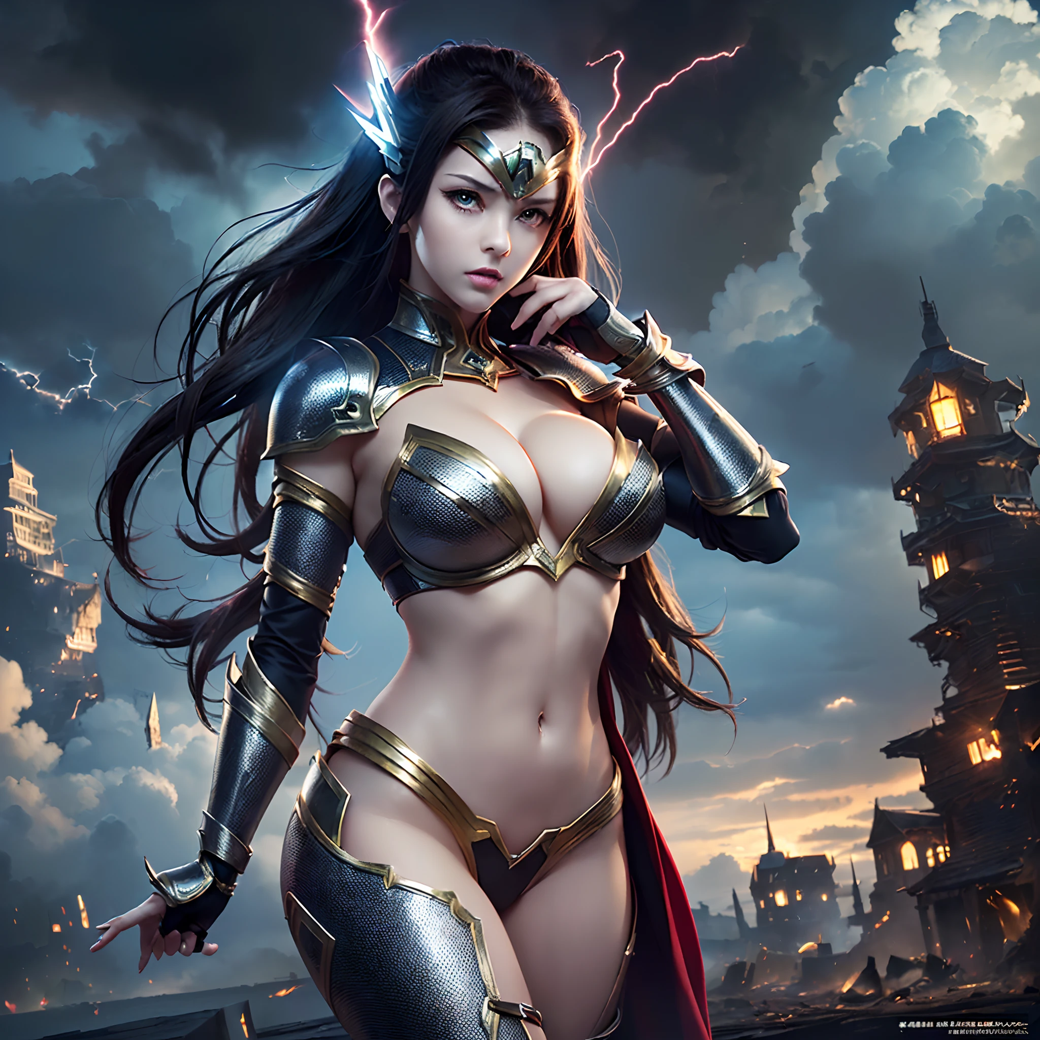((Finest quality)),(超A high resolution),(ultra-detailliert),(Meticulous portrayal),((Best Anime)),(Finest works of art),sharpnes,Clair, ((Dark clouds:1.6,thunderbolt:1.5)), (Woman in revealing armor:1.5),cleavage of the breast:1.5,belly button piercing,Proportioned proportions, building destroyed:1.8