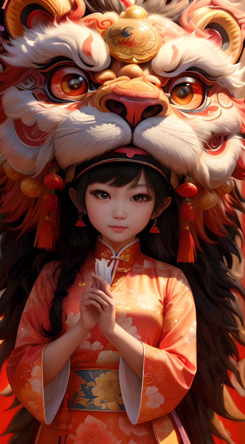 （tmasterpiece，top Quority，best qualtiy，offcial art，Beauty and aesthetics：1.2），1girll, Clear facial features，looks into camera, pretty eyes，Solo, lion dance，dynamicposes，Chinese clothes， Holding a delicate lion's head, Brightly colored lions, Traditional Chinese art, Expressive lion dance, Red lanterns，Chinese Year， China-style，red colour，，The is very detailed，（s fractal art：1.2），Extremely colorful，Most detailed，tmasterpiece，best qualtiy，high qulity，A high resolution，16k，primitive，超A high resolution，Hyper-detailing，finely detailled，Very fine and beautiful，The is very detailed，True shadows，anime big breast，Highly detailed painting，Award-winning glamour paintings，Wonderful painting，art-style，Stylized，