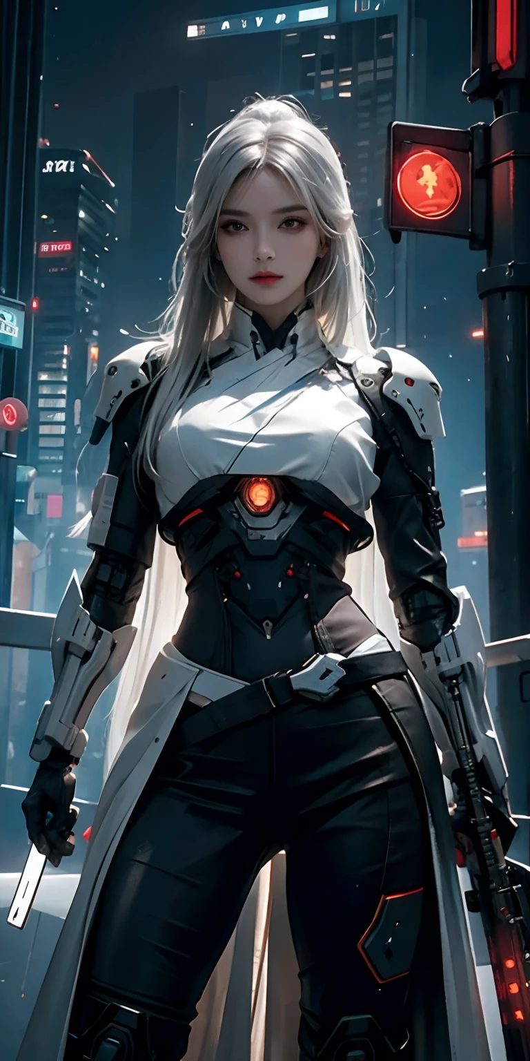 photorealistic, high resolution, soft light,1women, solo, hips up, (detailed face), white long hair, cybersamurai, cyborg, cyberpunk, cyber armor, holding weapon,glowing,gun, city at night