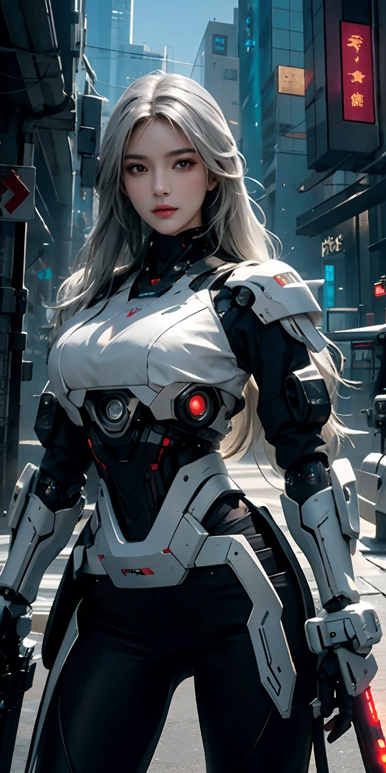 a girl, a giant mecha robot, full body portrait, beautiful detailed eyes, beautiful detailed lips, extremely detailed face, long eyelashes, highly detailed, intricate, cinematic lighting, volumetric fog, dramatic atmosphere, hyper realistic, 8k, masterpiece, artstation, cinematic composition, chiaroscuro lighting, moody, vibrant colors, striking contrast, futuristic, mech, science fiction
