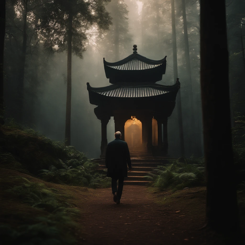 In the forest there is a glowing temple. and there was a man walking boldly and firmly into the temple.