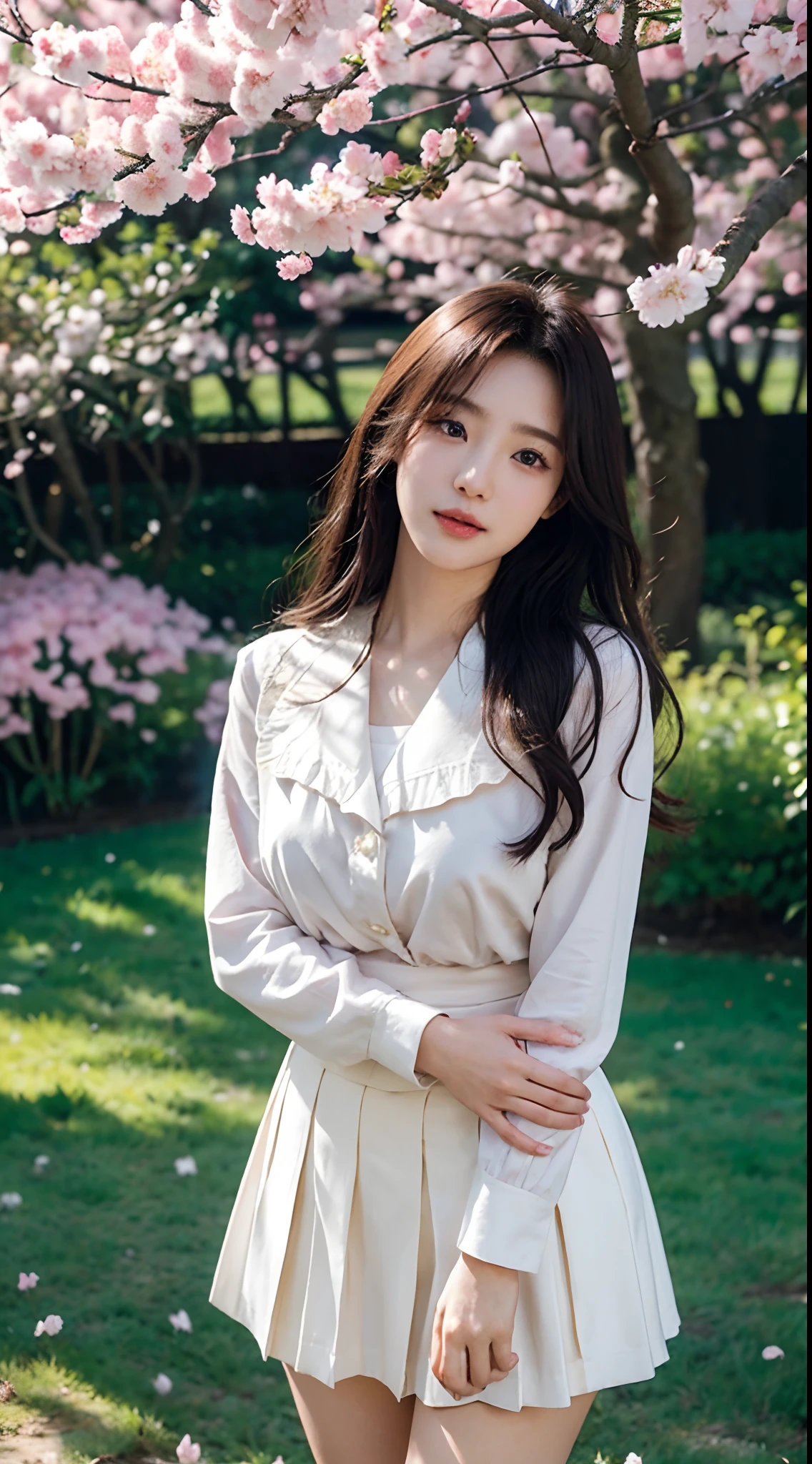 Best quality, Realistic, Photorealistic, extremely detaile, An extremely delicate and beautiful, RAW photo, Japanese and Korean beauties,South Korean beauties,Girl in JK uniform, mini-skirts,Large breasts,Detailed eyes and lips, Beautiful hair, joyful expressions, Surrounded by cherry blossom trees, It has a kawaii anime style, In a picturesque garden full of sunshine. The artwork is of the best quality, With ultra-detailed features and realistic, Realistic touch. vibrant with colors,The lighting creates a warm atmosphere, Dreamy atmosphere.