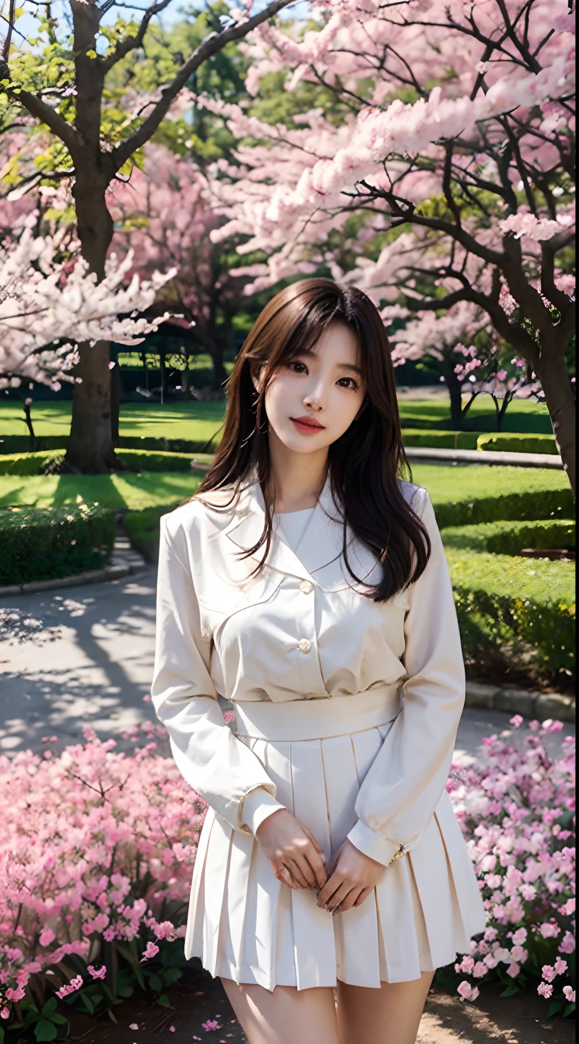 Best quality, Realistic, Photorealistic, extremely detaile, An extremely delicate and beautiful, RAW photo, Japanese and Korean beauties,South Korean beauties,Girl in JK uniform, mini-skirts,Large breasts,Detailed eyes and lips, Beautiful hair, joyful expressions, Surrounded by cherry blossom trees, It has a kawaii anime style, In a picturesque garden full of sunshine. The artwork is of the best quality, With ultra-detailed features and realistic, Realistic touch. vibrant with colors,The lighting creates a warm atmosphere, Dreamy atmosphere.