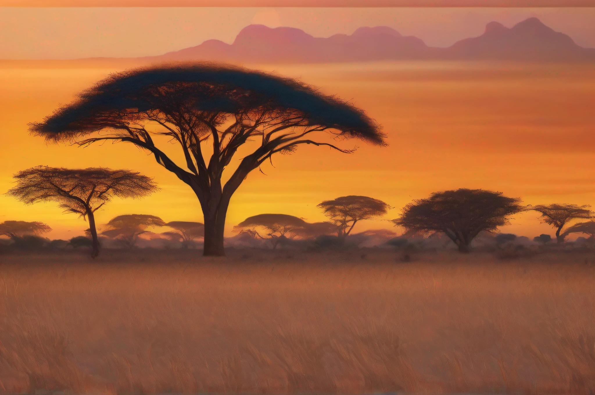 realistic photo of an African savannah, fine details, extreme fidelity, vivid colors, colorful, panoramic vision, golden hour,