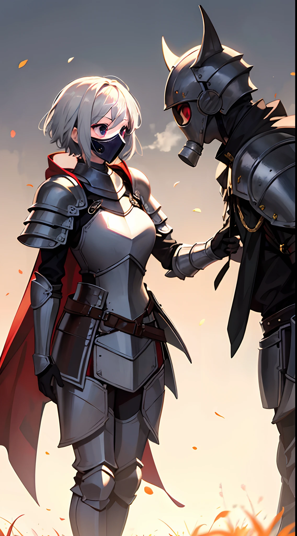 ((Best Quality)), ((Masterpiece)), (detailed), two medieval warriors, man and woman, with black armor and red details, in a dark and rainy environment