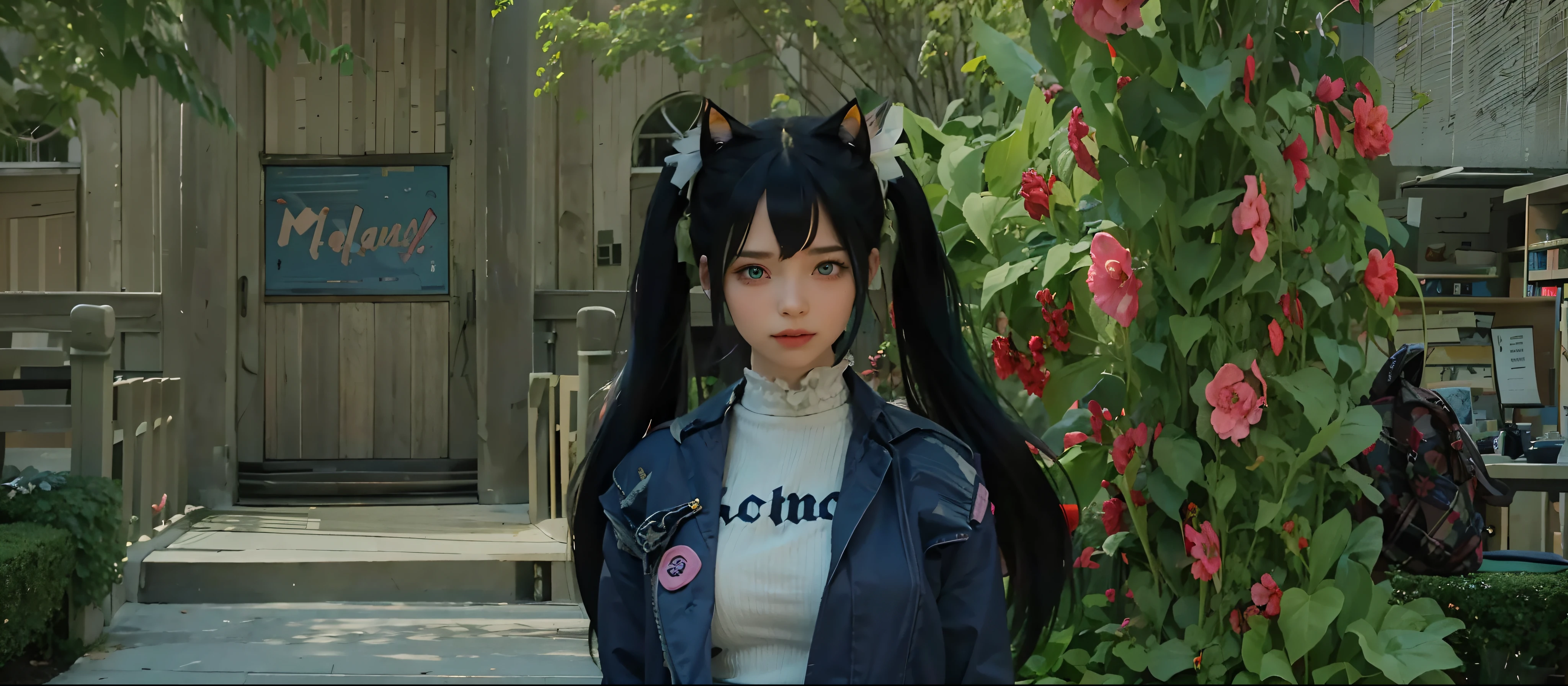 1girl, twintails, multicolored hair, hair ornament, hair over one eye, cat ears, blue eyes, blue hair, pink hair, smile, bow, solo, indoors, makeup, pleated skirt, long hair, bangs, pink nails, open mouth ,the most beautiful form of chaos, elegant, a brutalist designed, vivid colours, romanticism, atmospheric, (RAW photo, best quality), (realistic, photo-realistic:1.3), masterpiece, an extremely delicate and beautiful, extremely detailed, sitting,